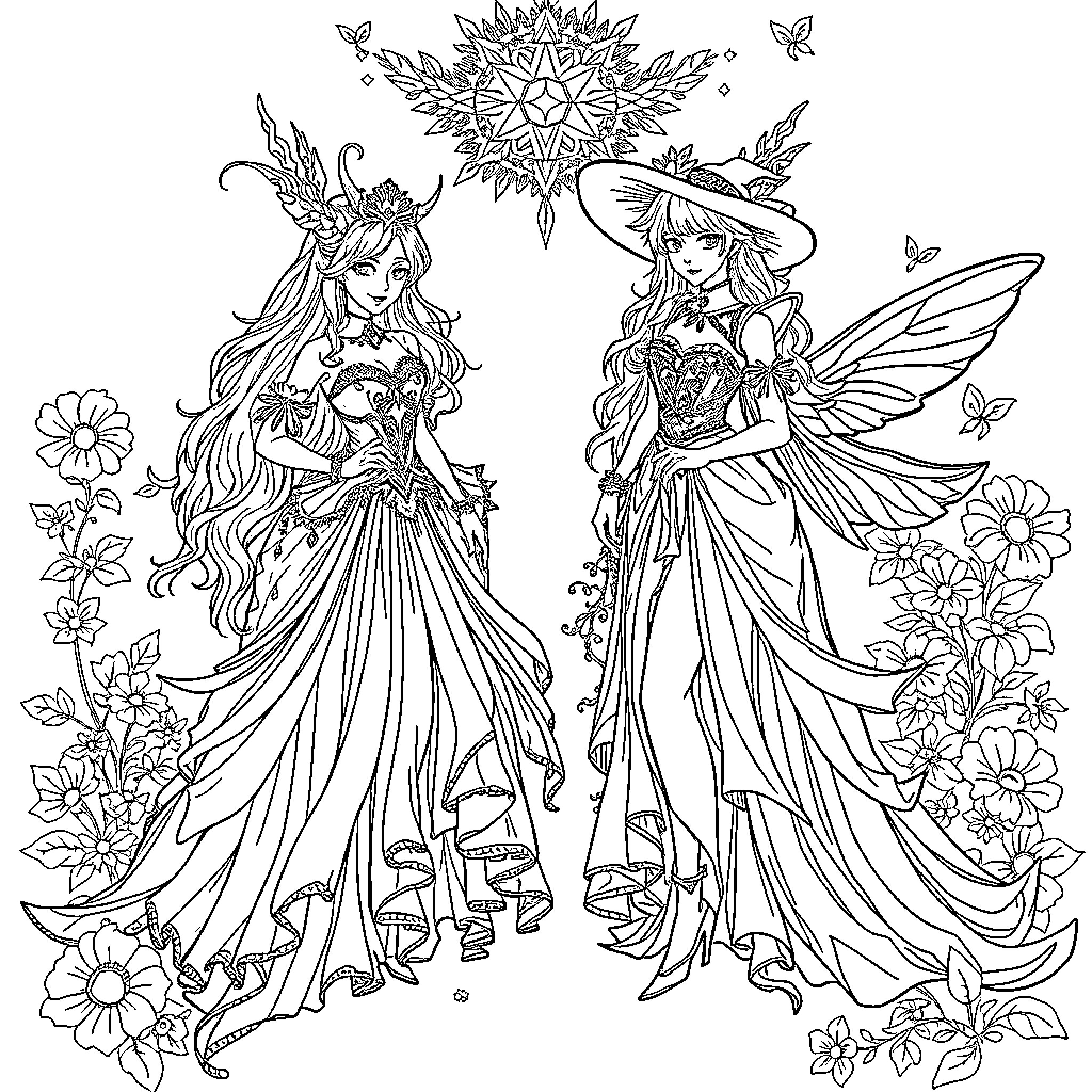 Lady Fairies Adorned in Enchanting Dresses Coloring Page (free black-and-white line drawing printable PDF for all, from beginners to advanced learners, including children, teens, adults, and seniors)