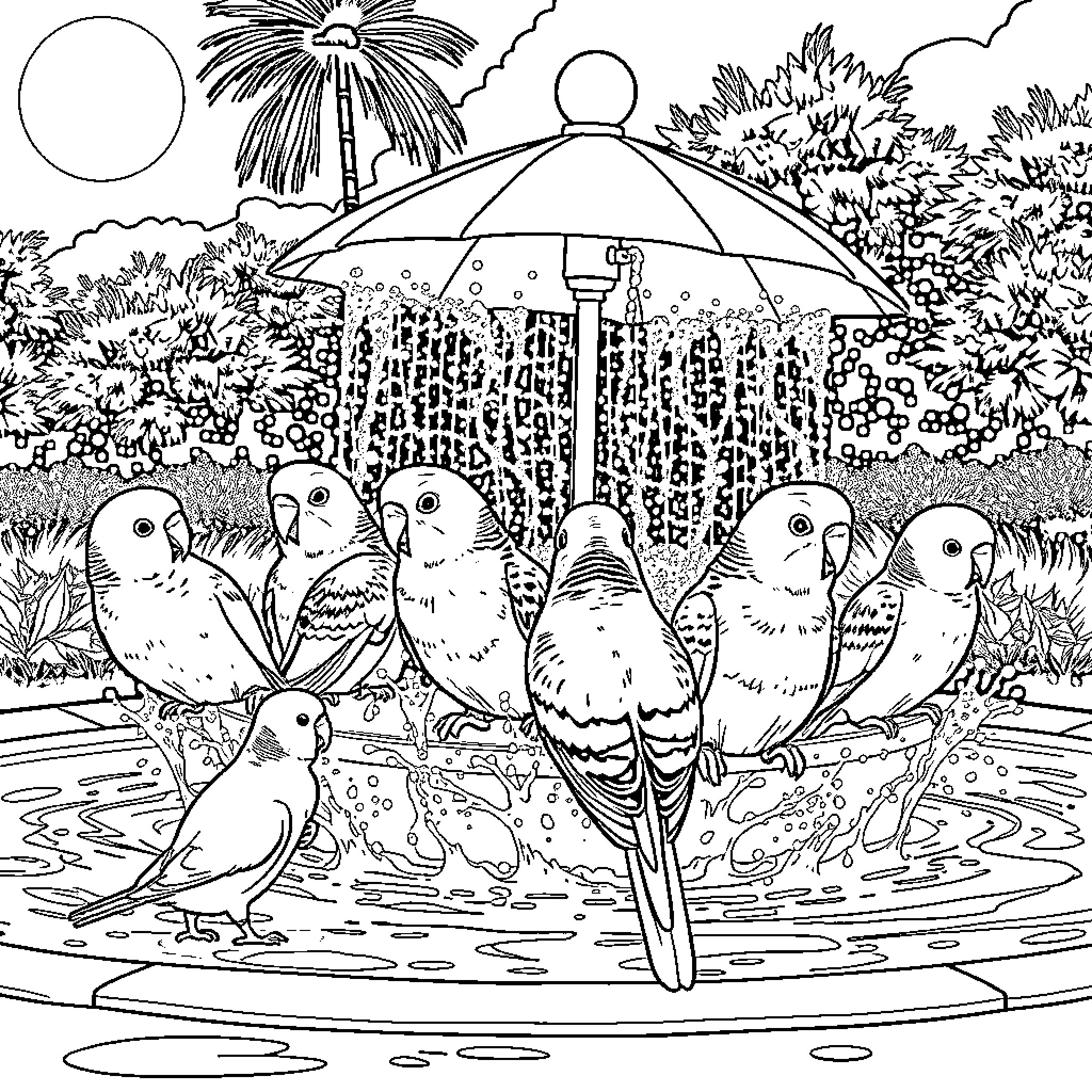 Budgie flock playing in the rain under umbrella Coloring Page (free black-and-white line drawing printable PDF for all, from beginners to advanced learners, including children, teens, adults, and seniors)
