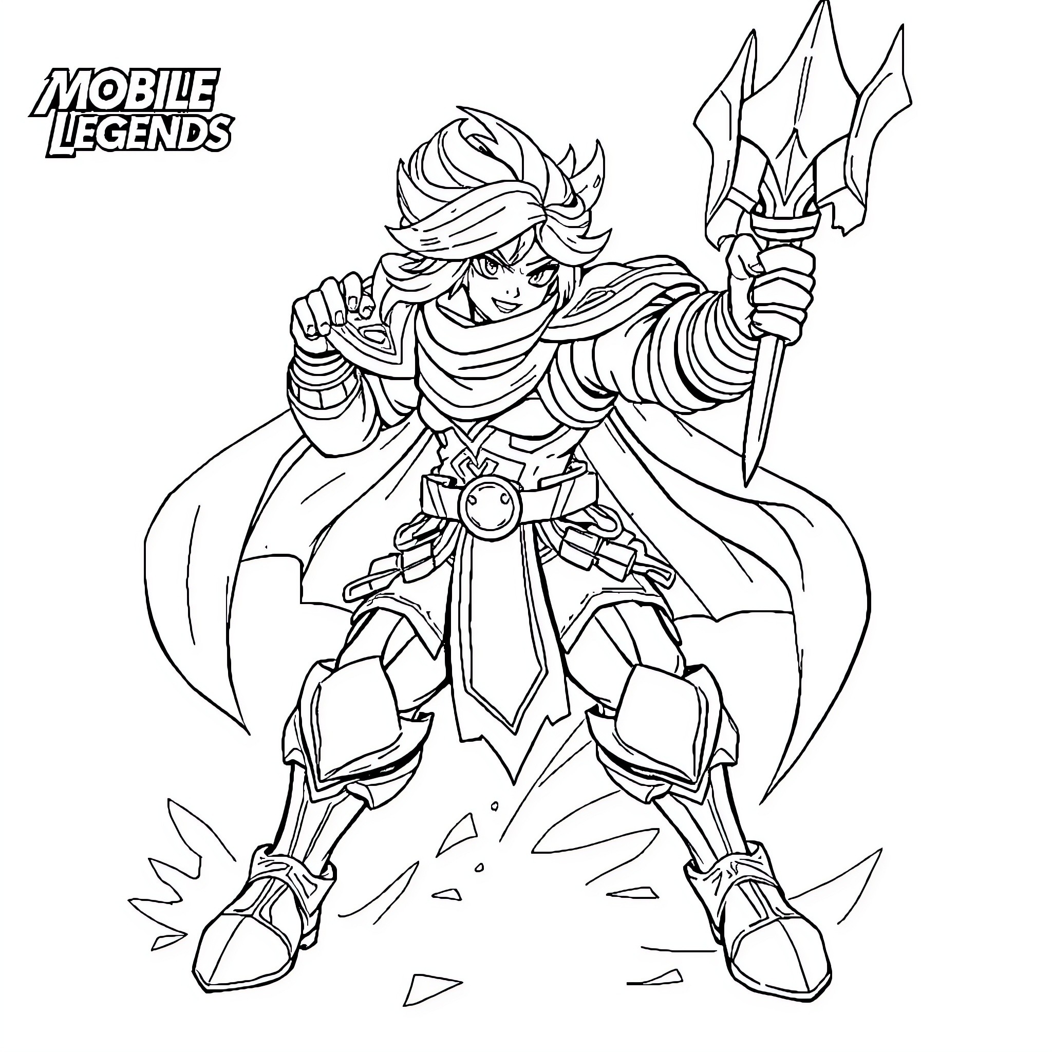Hero in heroic battle pose wielding powerful weapon Coloring Page (free black-and-white line drawing printable PDF for all, from beginners to advanced learners, including children, teens, adults, and seniors)