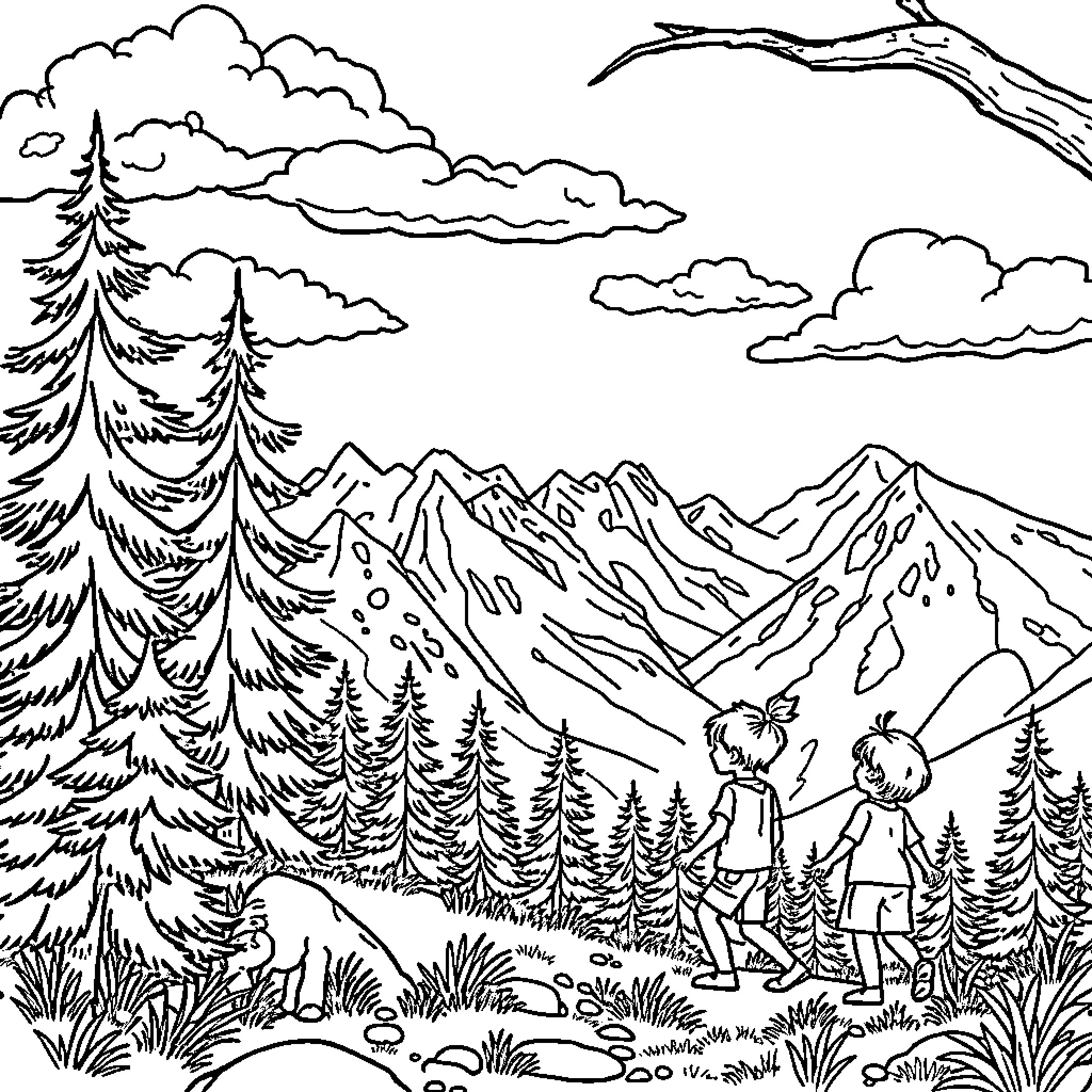 Child exploring nature in the mountains Coloring Page (free black-and-white line drawing printable PDF for all, from beginners to advanced learners, including children, teens, adults, and seniors)