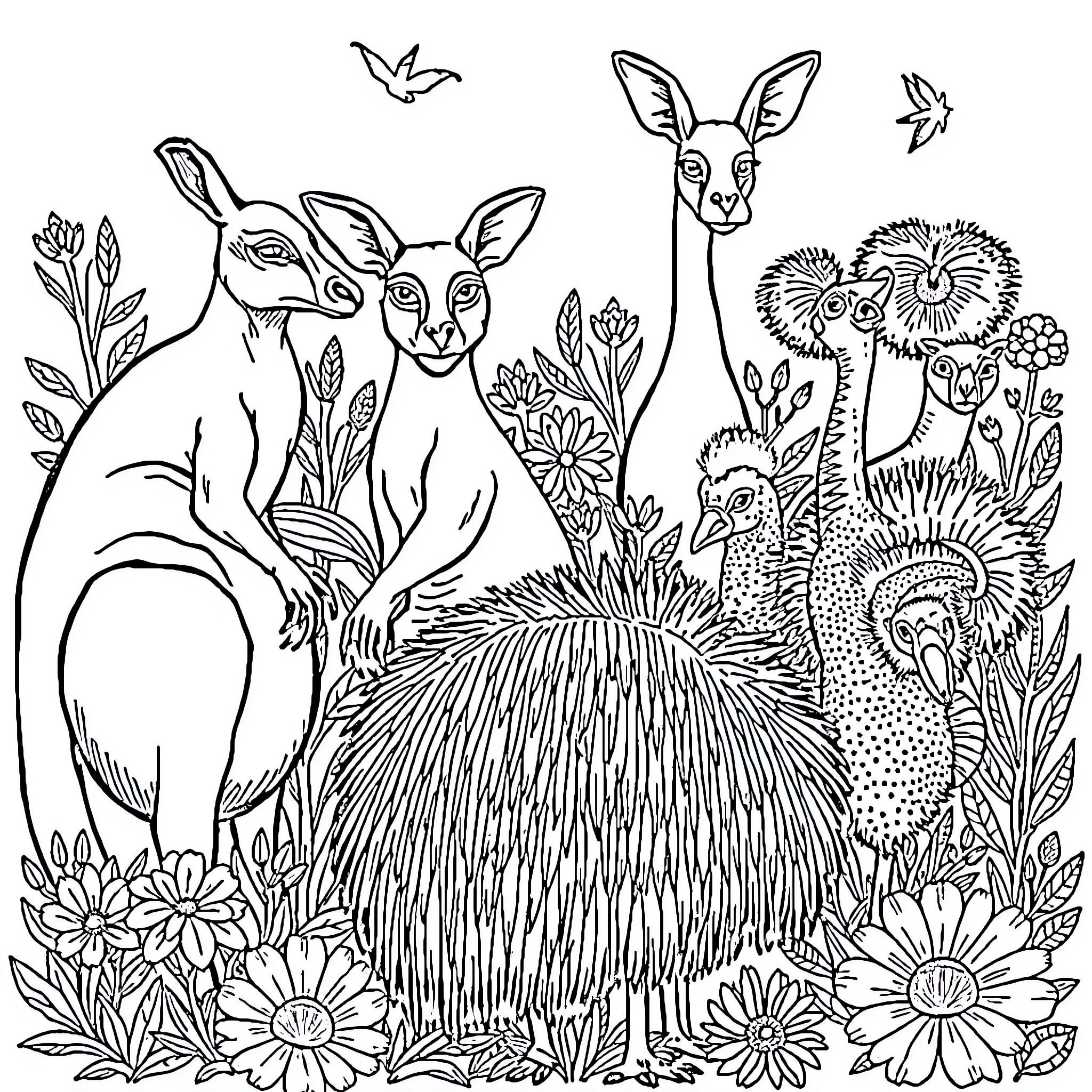 Animal friends in lush floral garden Coloring Page (free black-and-white line drawing printable PDF for all, from beginners to advanced learners, including children, teens, adults, and seniors)