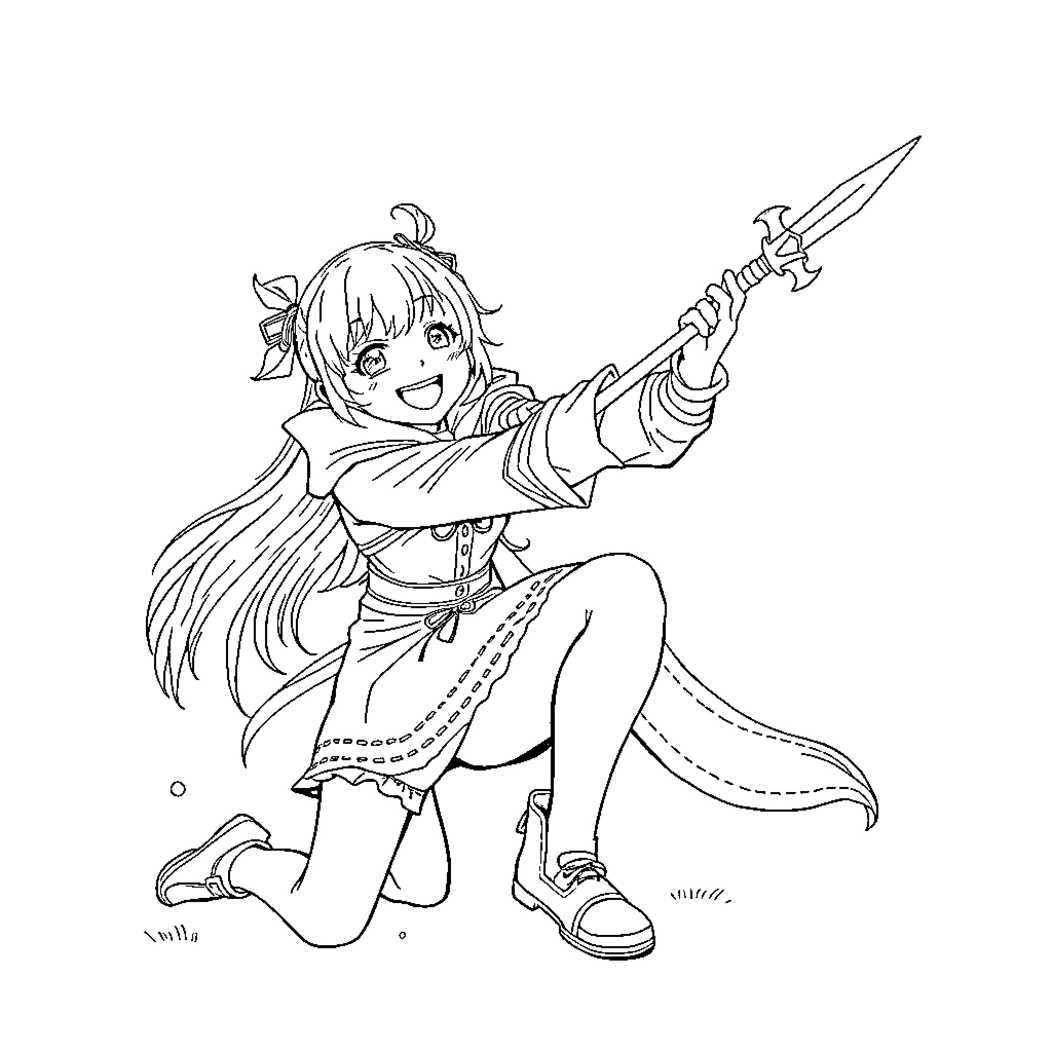 Girl joyfully wielding a sword in adventure Coloring Page (free black-and-white line drawing printable PDF for all, from beginners to advanced learners, including children, teens, adults, and seniors)