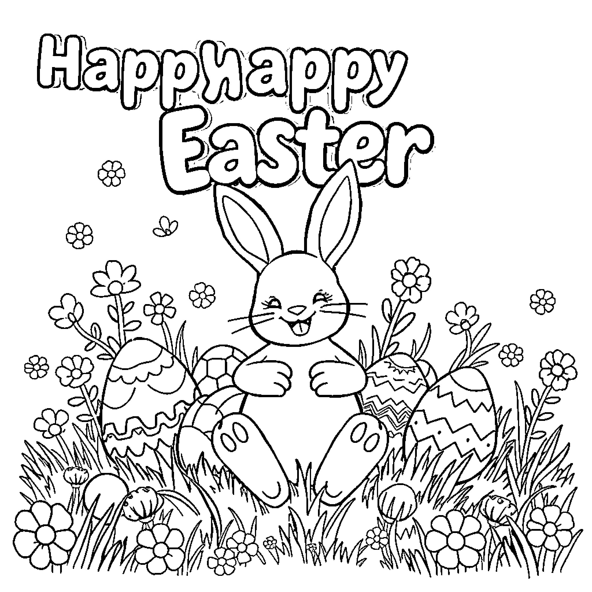 Easter bunny and decorated eggs in floral scene Coloring Page (free black-and-white line drawing printable PDF for all, from beginners to advanced learners, including children, teens, adults, and seniors)