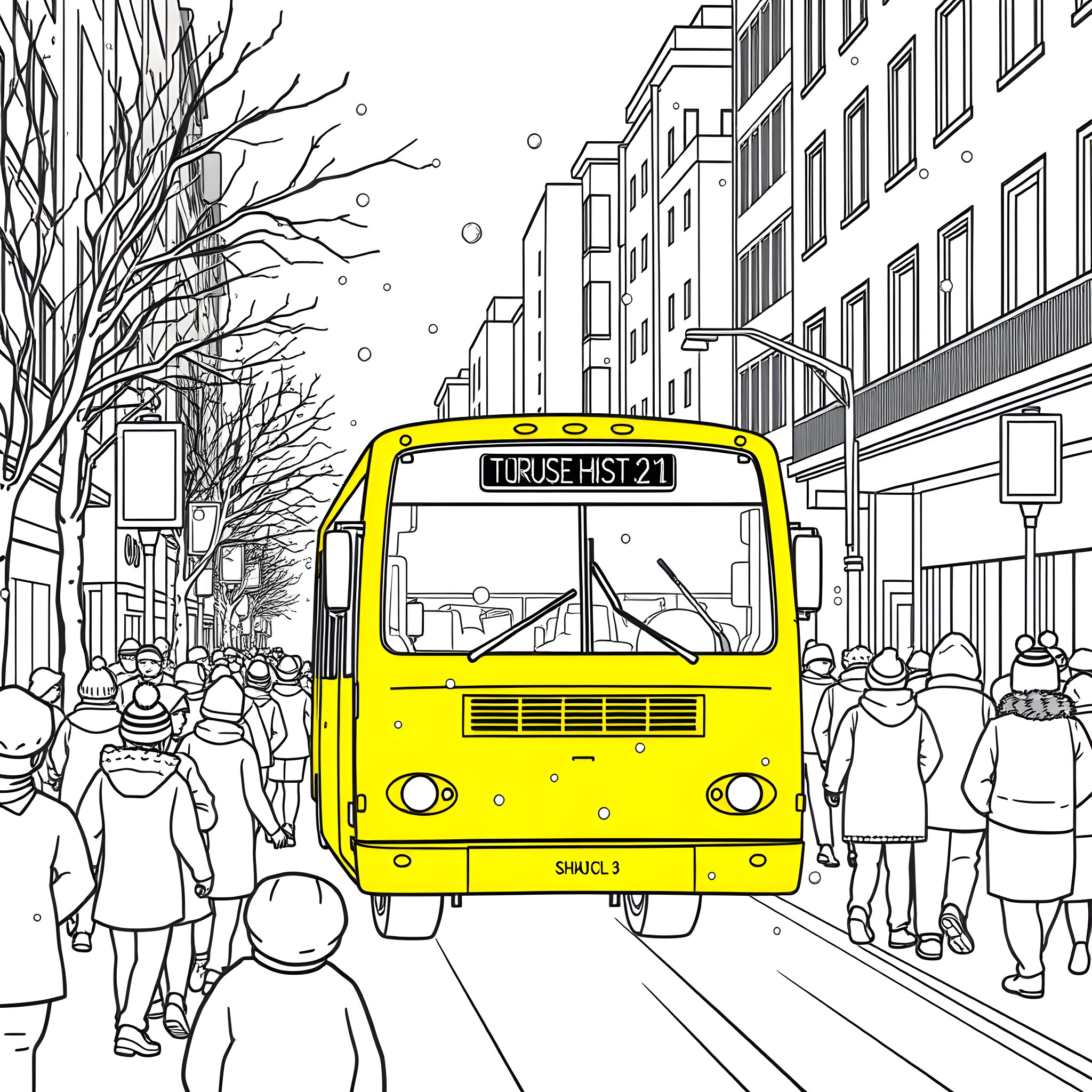 Bus transporting passengers through snowy city street Coloring Page (free black-and-white line drawing printable PDF for all, from beginners to advanced learners, including children, teens, adults, and seniors)