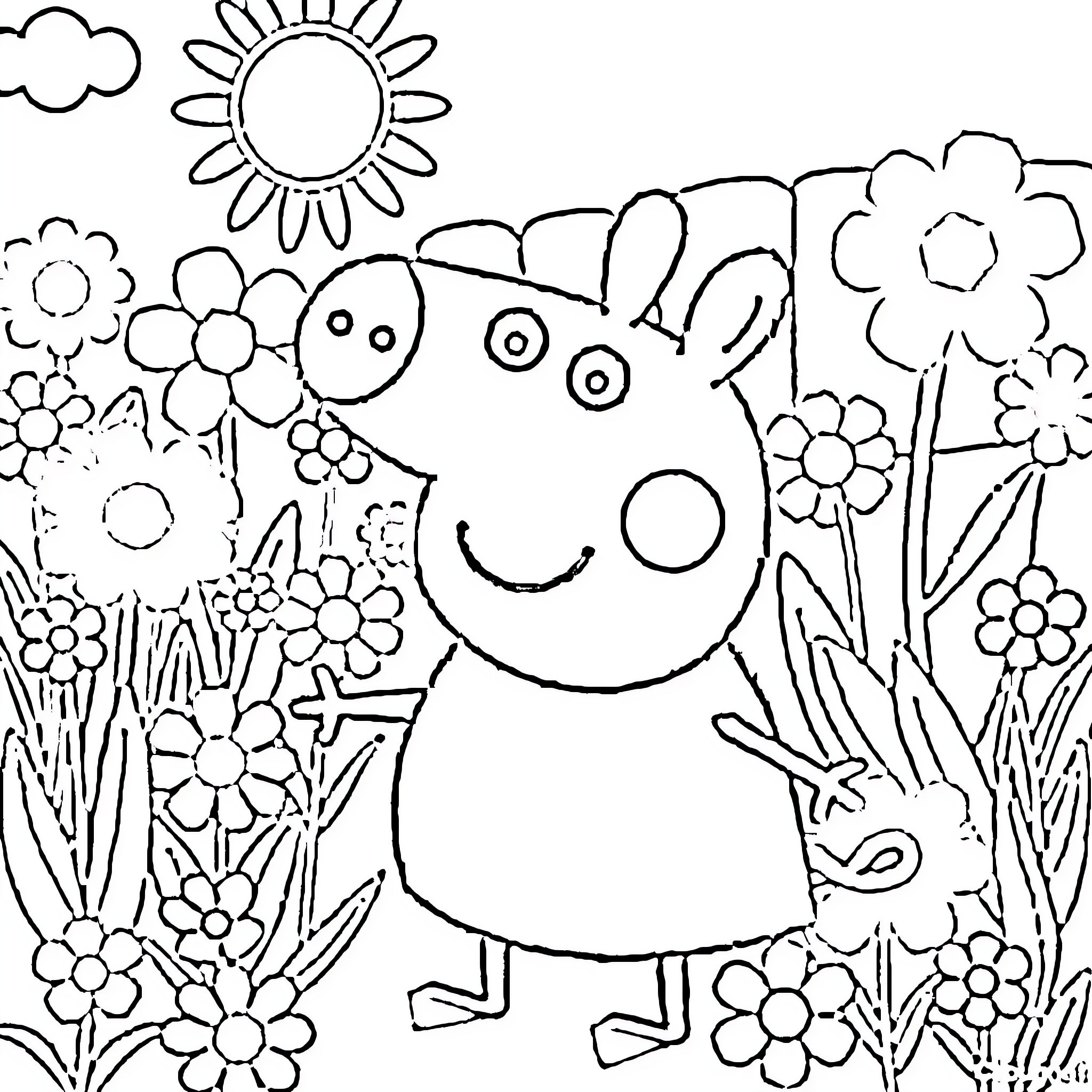 Peppa Pig enjoying a colorful floral garden Coloring Page (free black-and-white line drawing printable PDF for all, from beginners to advanced learners, including children, teens, adults, and seniors)