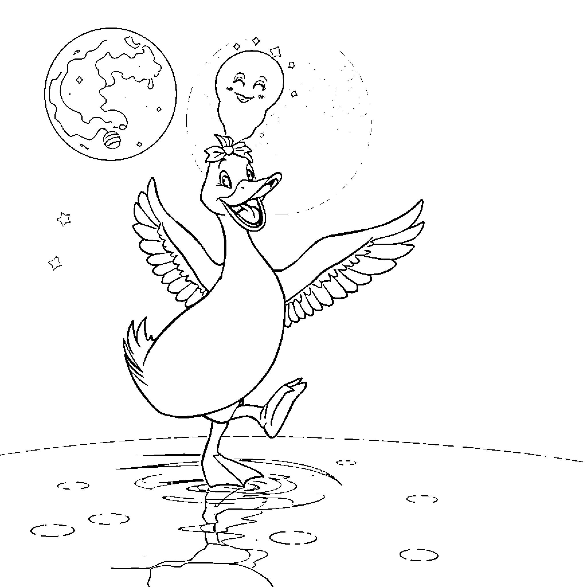Picsou the happy dancing duck with balloons Coloring Page (free black-and-white line drawing printable PDF for all, from beginners to advanced learners, including children, teens, adults, and seniors)