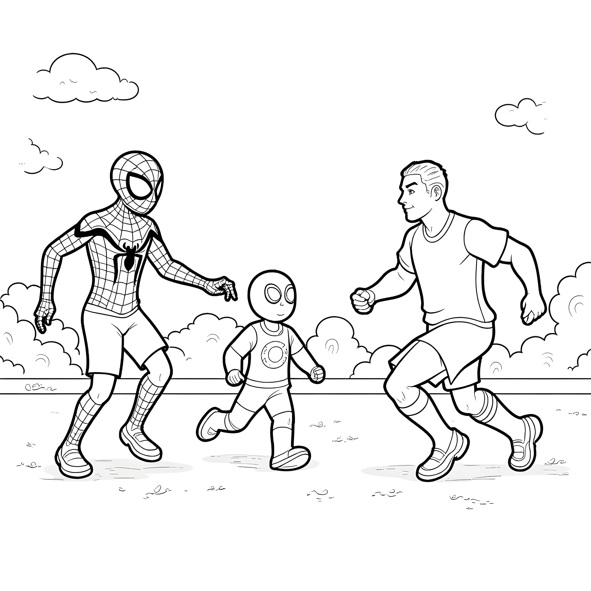 Spider-Man and friends on a playful adventure Coloring Page (free black-and-white line drawing printable PDF for all, from beginners to advanced learners, including children, teens, adults, and seniors)