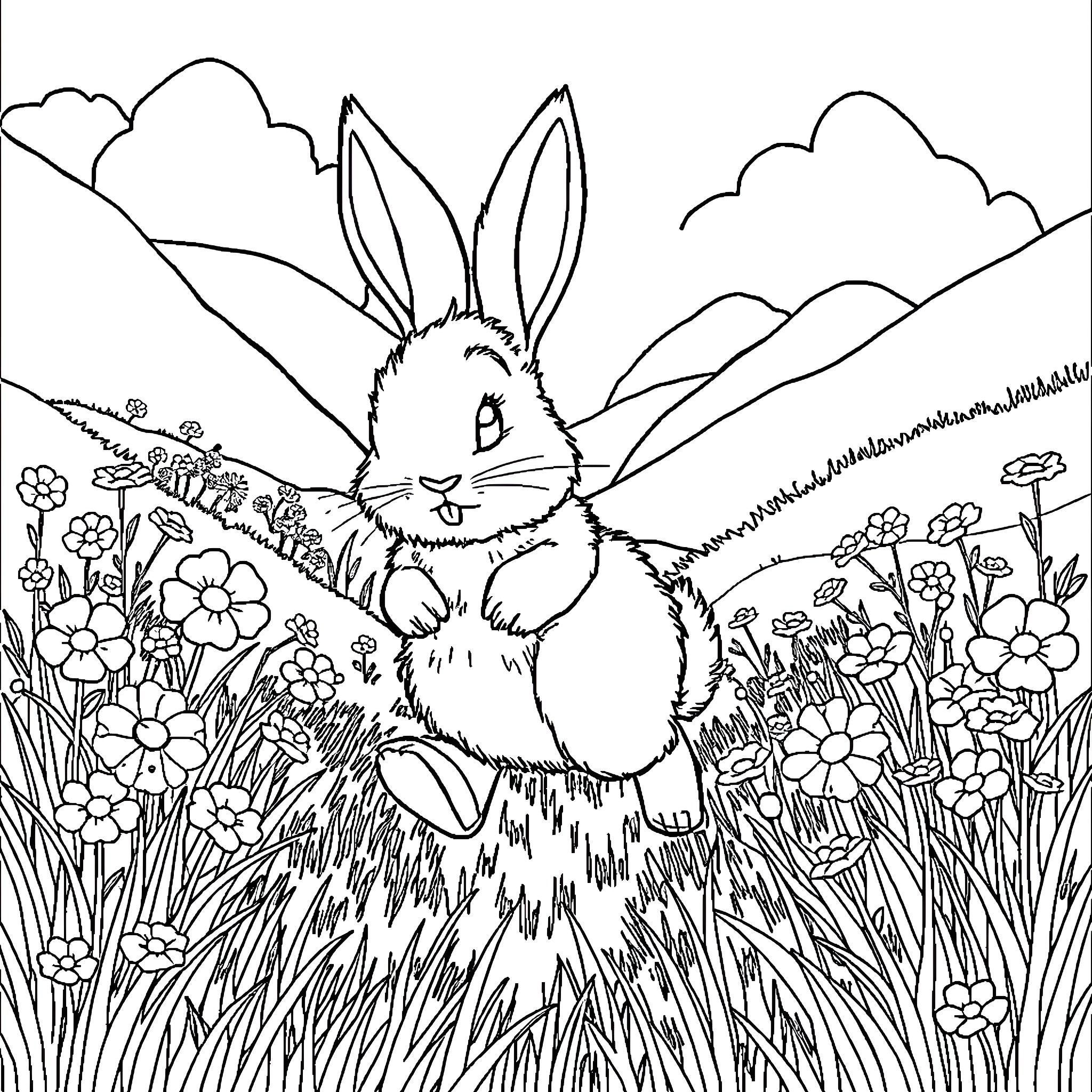 Bunny Frolicking in Floral Meadow Coloring Page (free black-and-white line drawing printable PDF for all, from beginners to advanced learners, including children, teens, adults, and seniors)