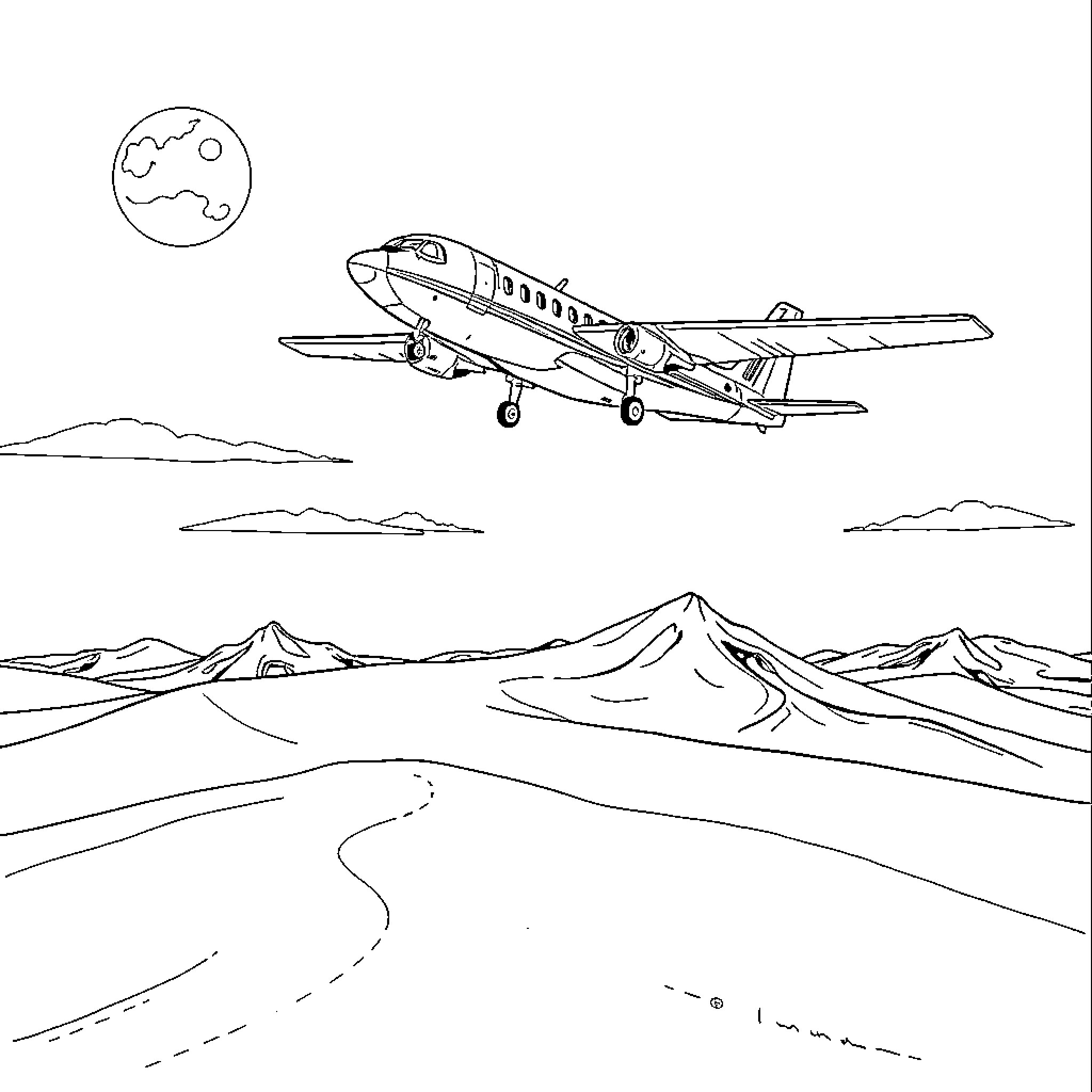 Avión sobrevolando el desierto en la noche Coloring Page (free black-and-white line drawing printable PDF for all, from beginners to advanced learners, including children, teens, adults, and seniors)