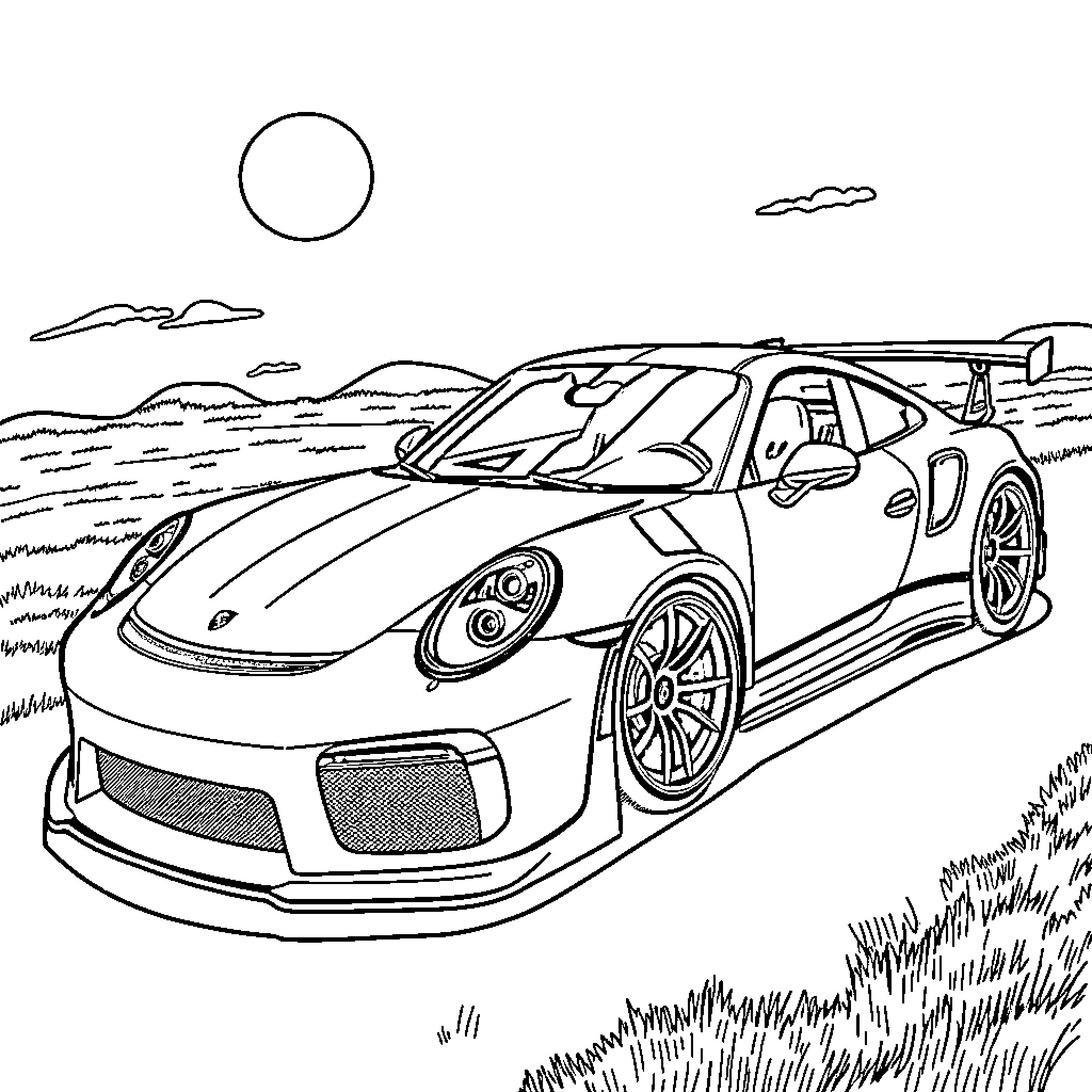 Porsche supercar speeding through scenic landscape Coloring Page (free black-and-white line drawing printable PDF for all, from beginners to advanced learners, including children, teens, adults, and seniors)