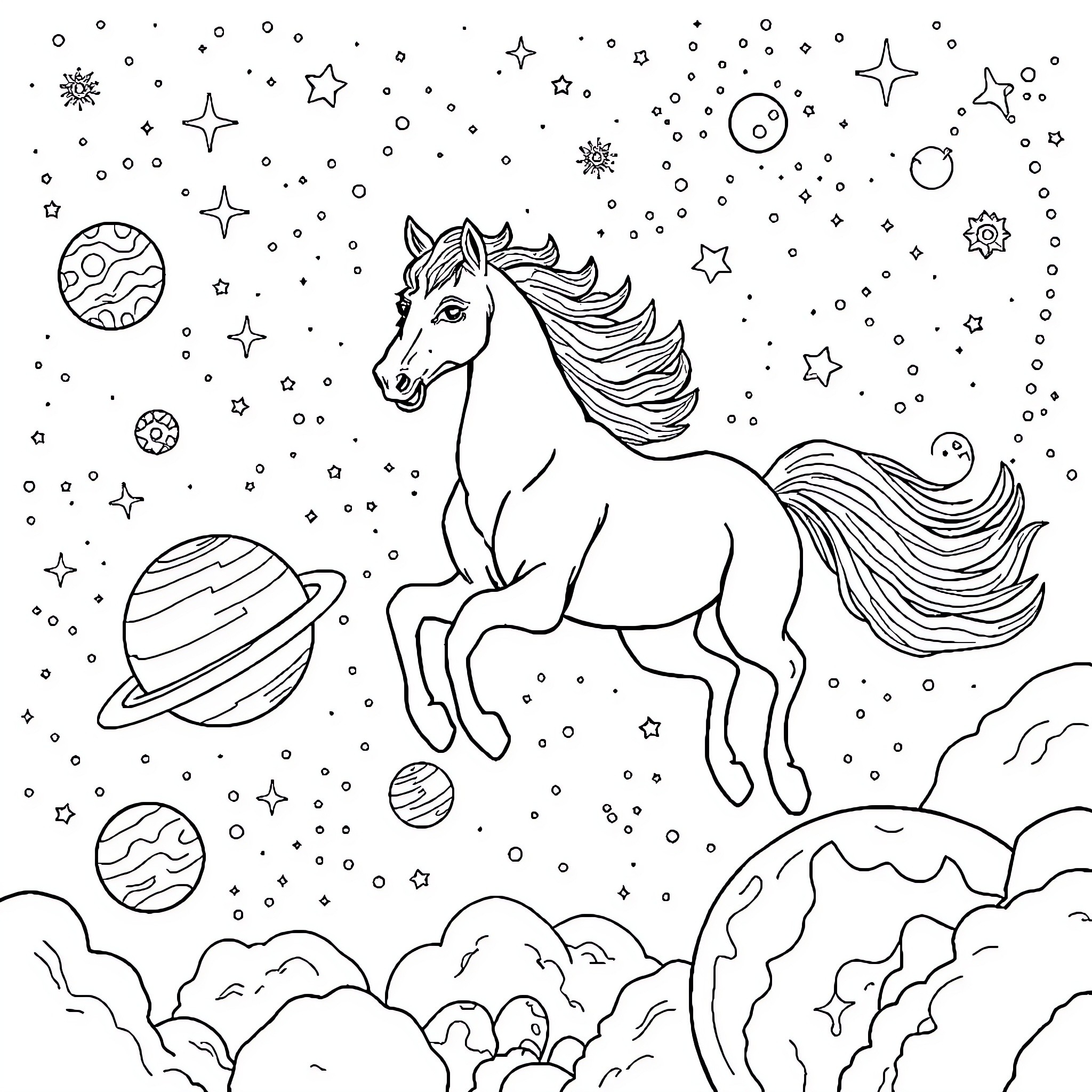Horse galloping through cosmic landscape Coloring Page (free black-and-white line drawing printable PDF for all, from beginners to advanced learners, including children, teens, adults, and seniors)