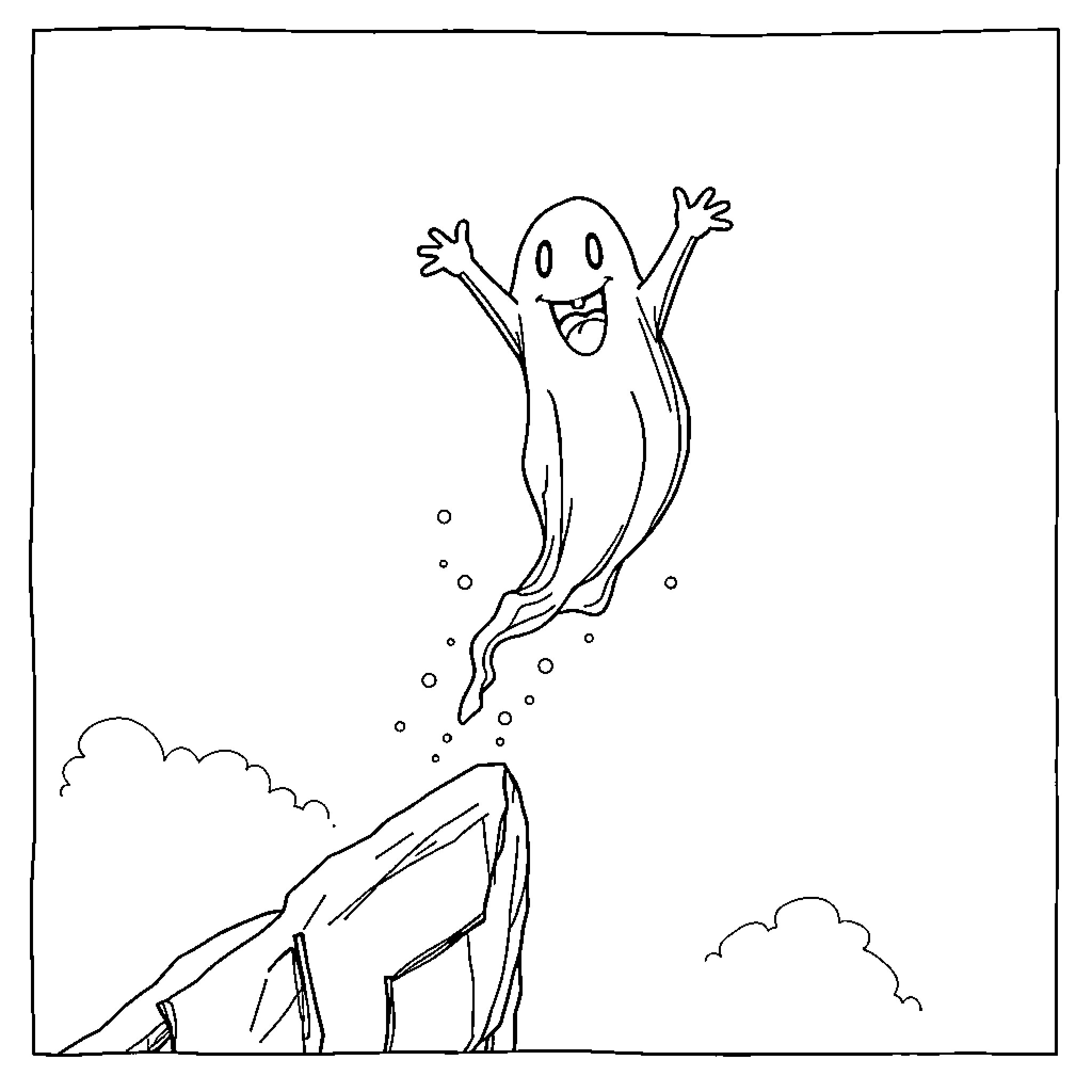 Ghost joyfully floating over rocky landscape Coloring Page (free black-and-white line drawing printable PDF for all, from beginners to advanced learners, including children, teens, adults, and seniors)