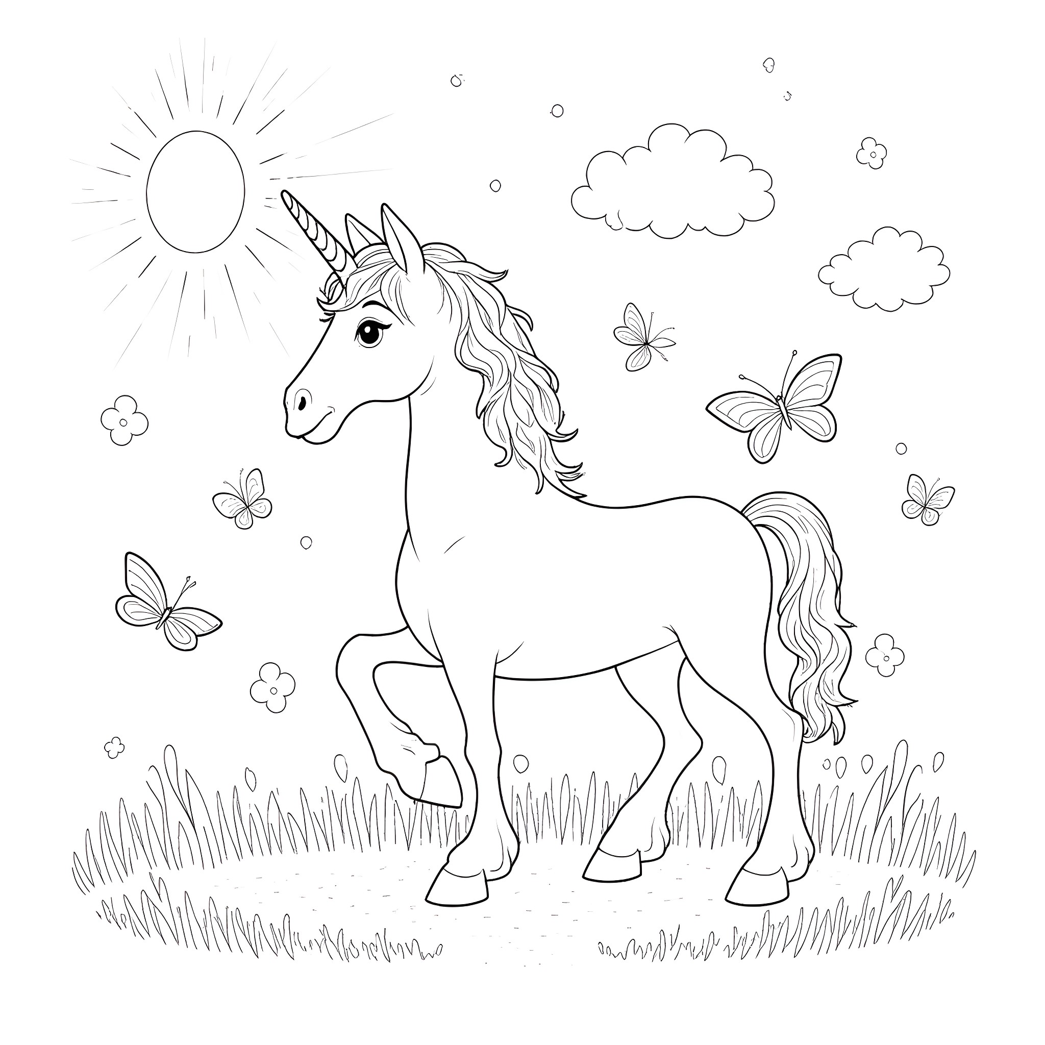 Butterfly-themed Unicorn in Peaceful Meadow Coloring Page (free black-and-white line drawing printable PDF for all, from beginners to advanced learners, including children, teens, adults, and seniors)