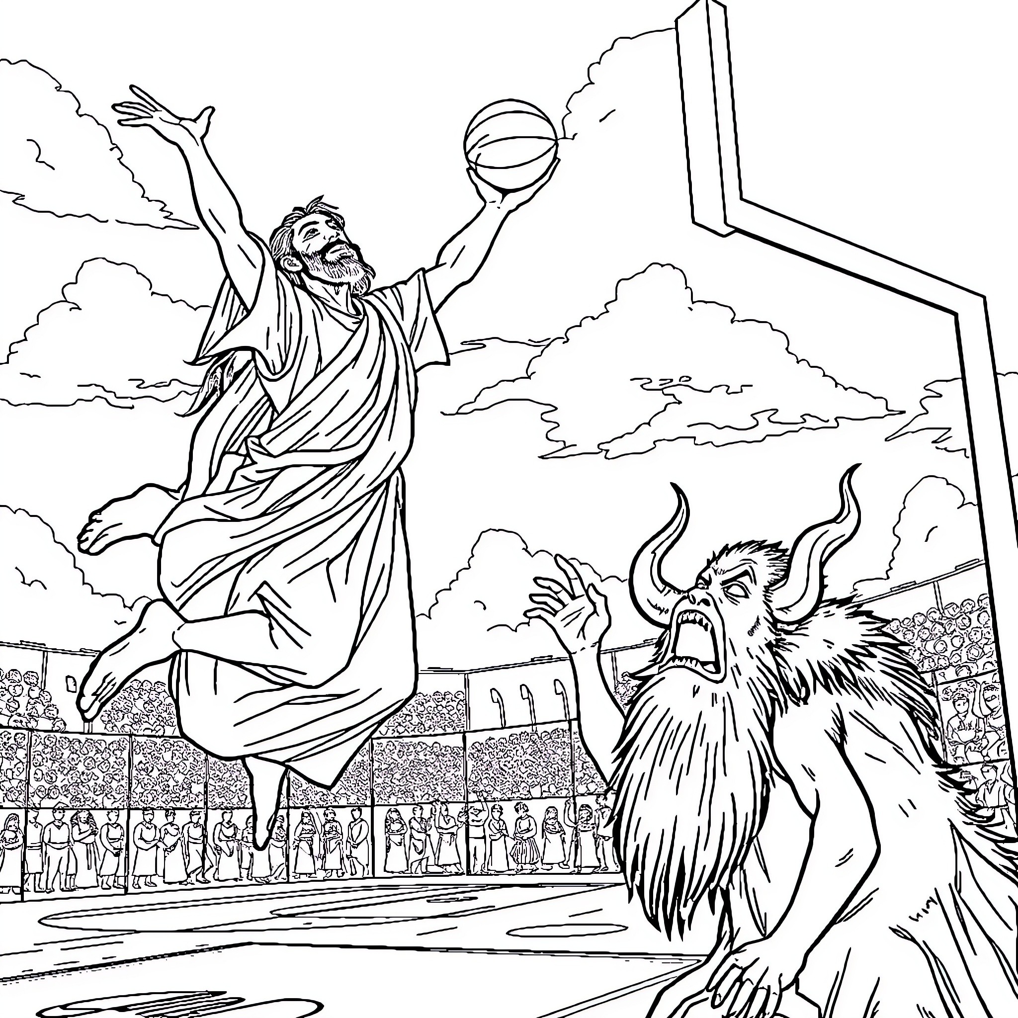 Jesus triumphantly ascends as onlookers witness the event Coloring Page (free black-and-white line drawing printable PDF for all, from beginners to advanced learners, including children, teens, adults, and seniors)