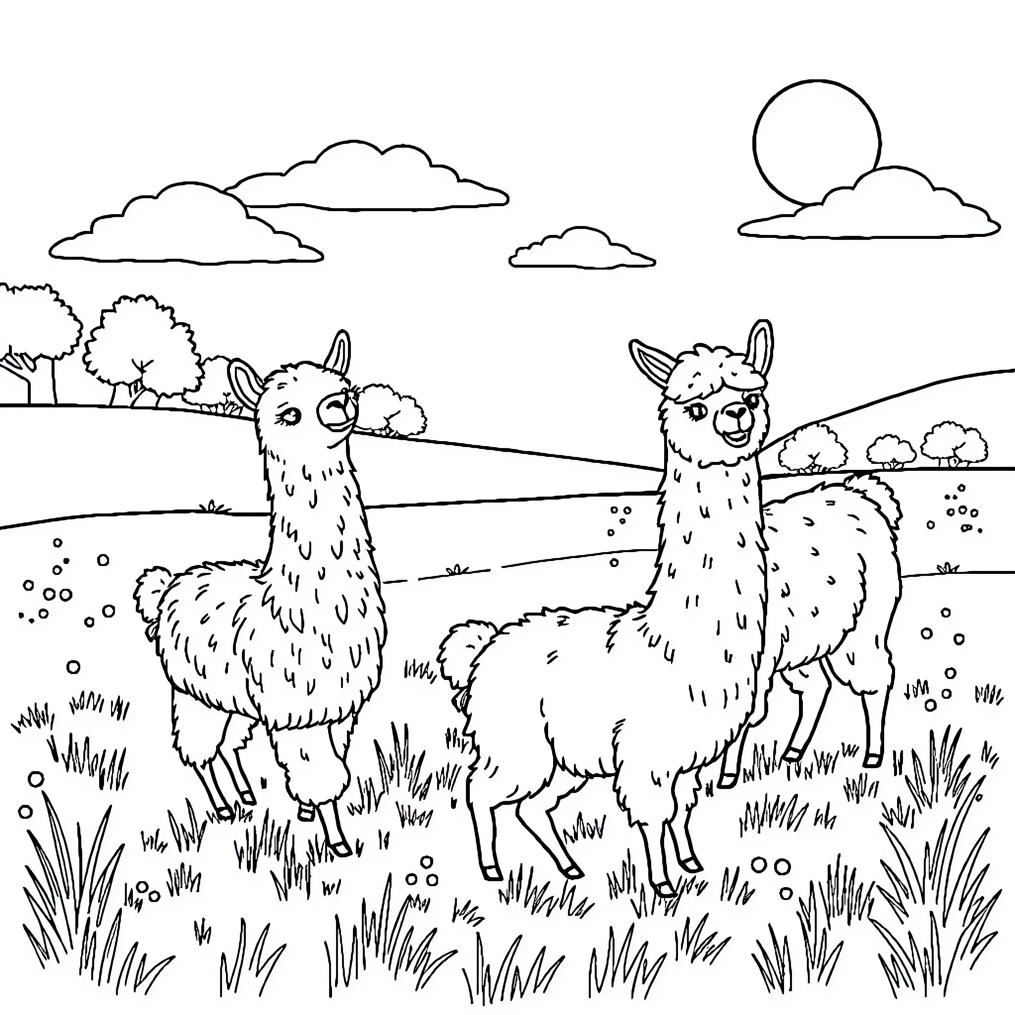 Llamas grazing peacefully in a scenic landscape Coloring Page (free black-and-white line drawing printable PDF for all, from beginners to advanced learners, including children, teens, adults, and seniors)