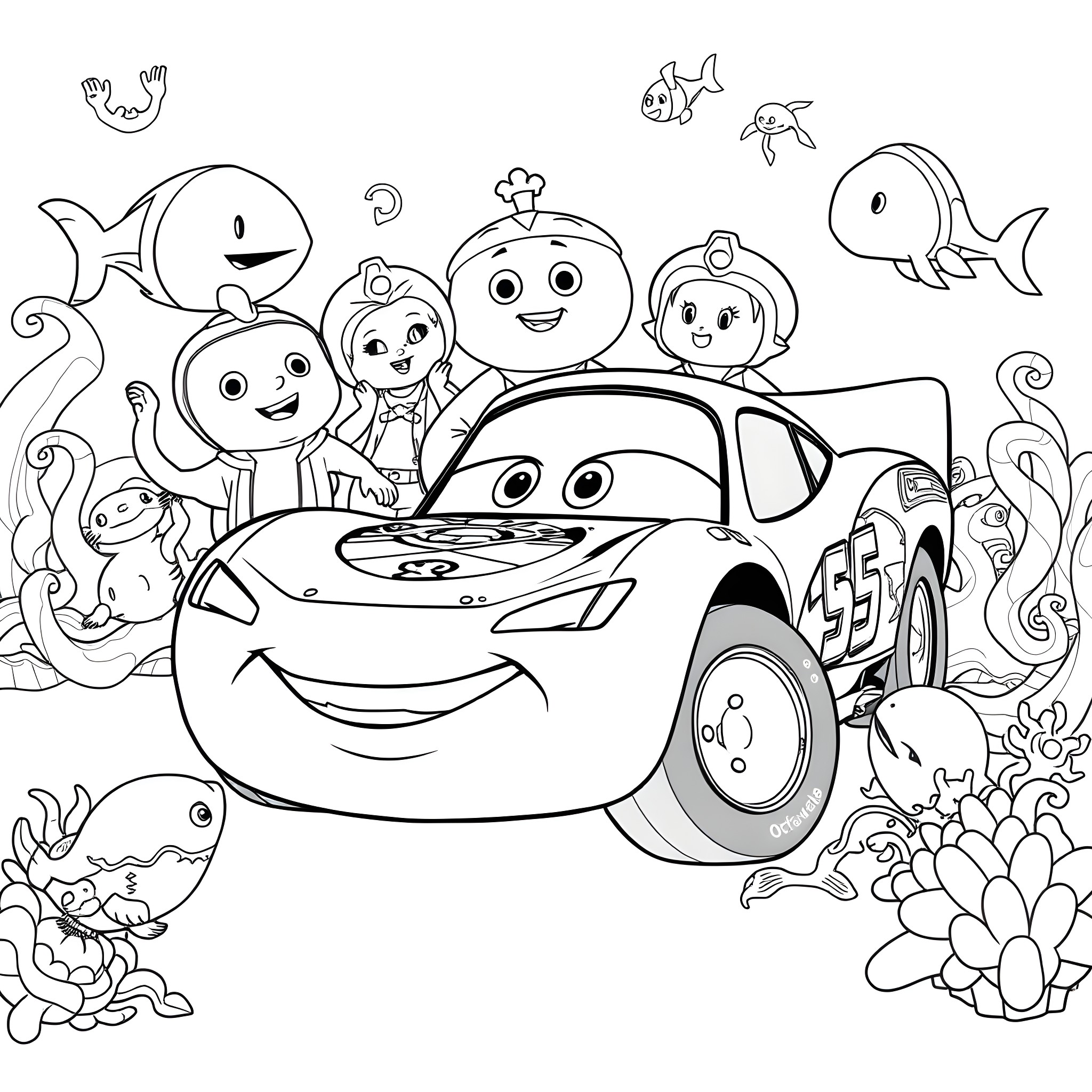 Lightning McQueen meets friendly ocean creatures Coloring Page (free black-and-white line drawing printable PDF for all, from beginners to advanced learners, including children, teens, adults, and seniors)