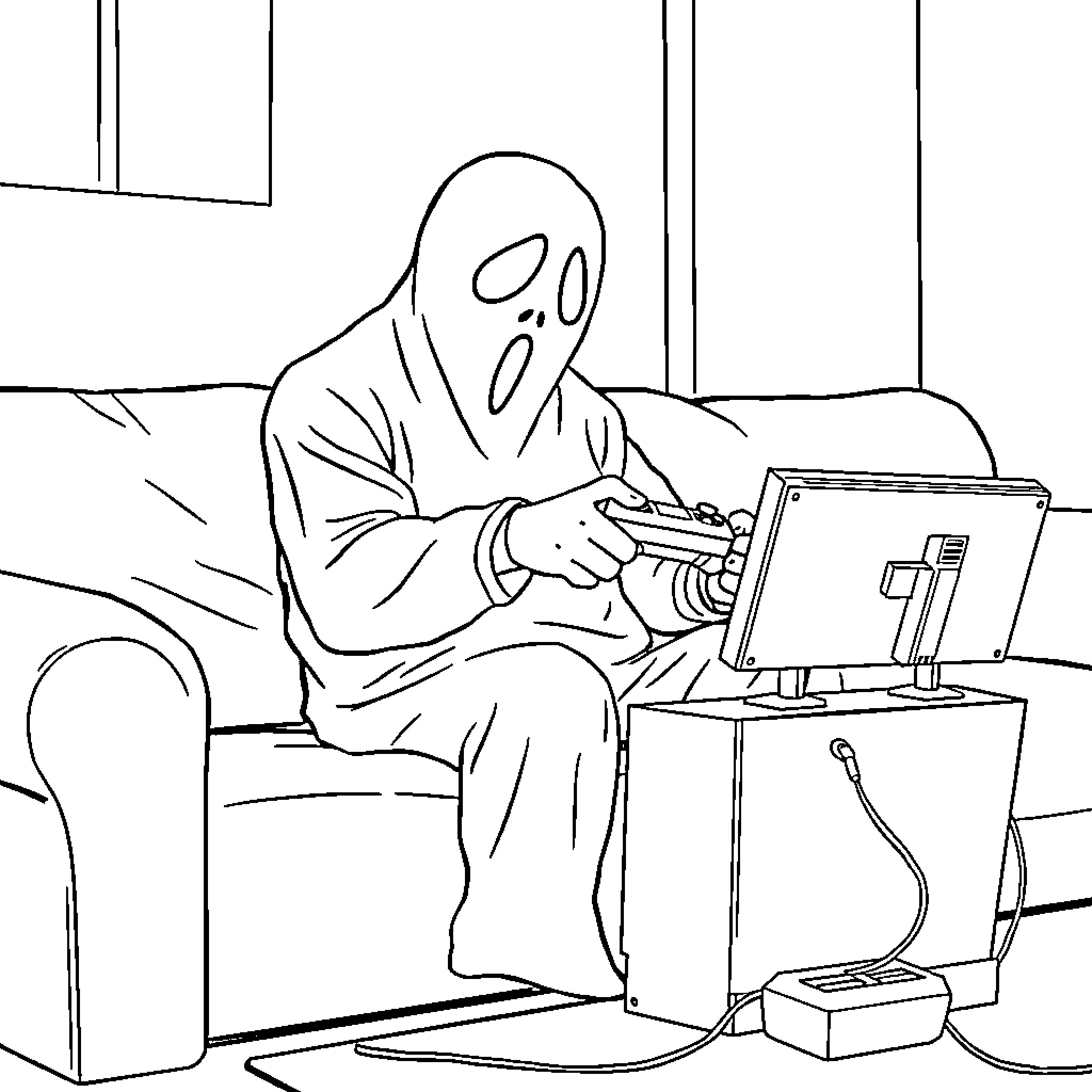 Ghostface manipulating computer device in dark room Coloring Page (free black-and-white line drawing printable PDF for all, from beginners to advanced learners, including children, teens, adults, and seniors)