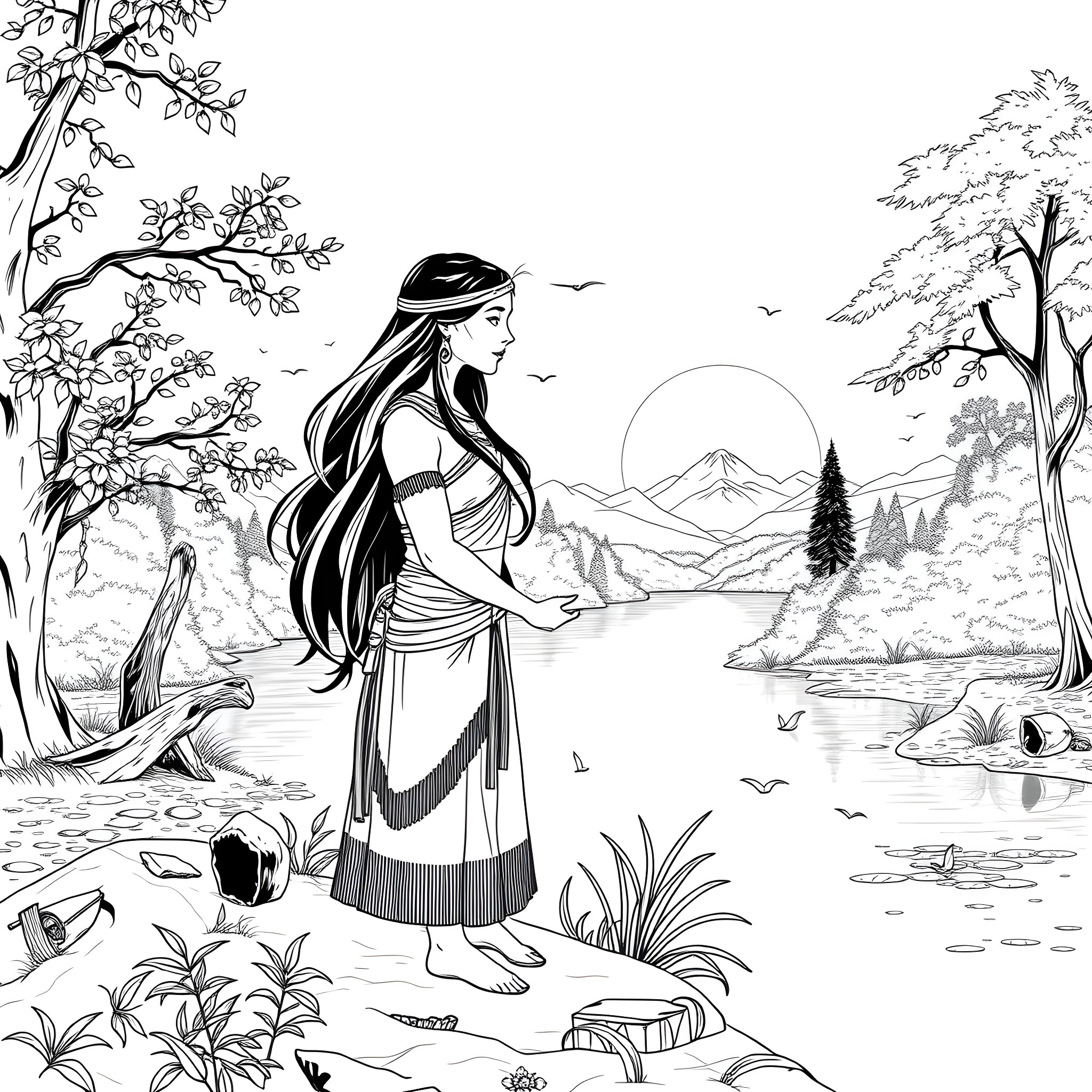 Pocahontas enjoying the natural scenery Coloring Page (free black-and-white line drawing printable PDF for all, from beginners to advanced learners, including children, teens, adults, and seniors)