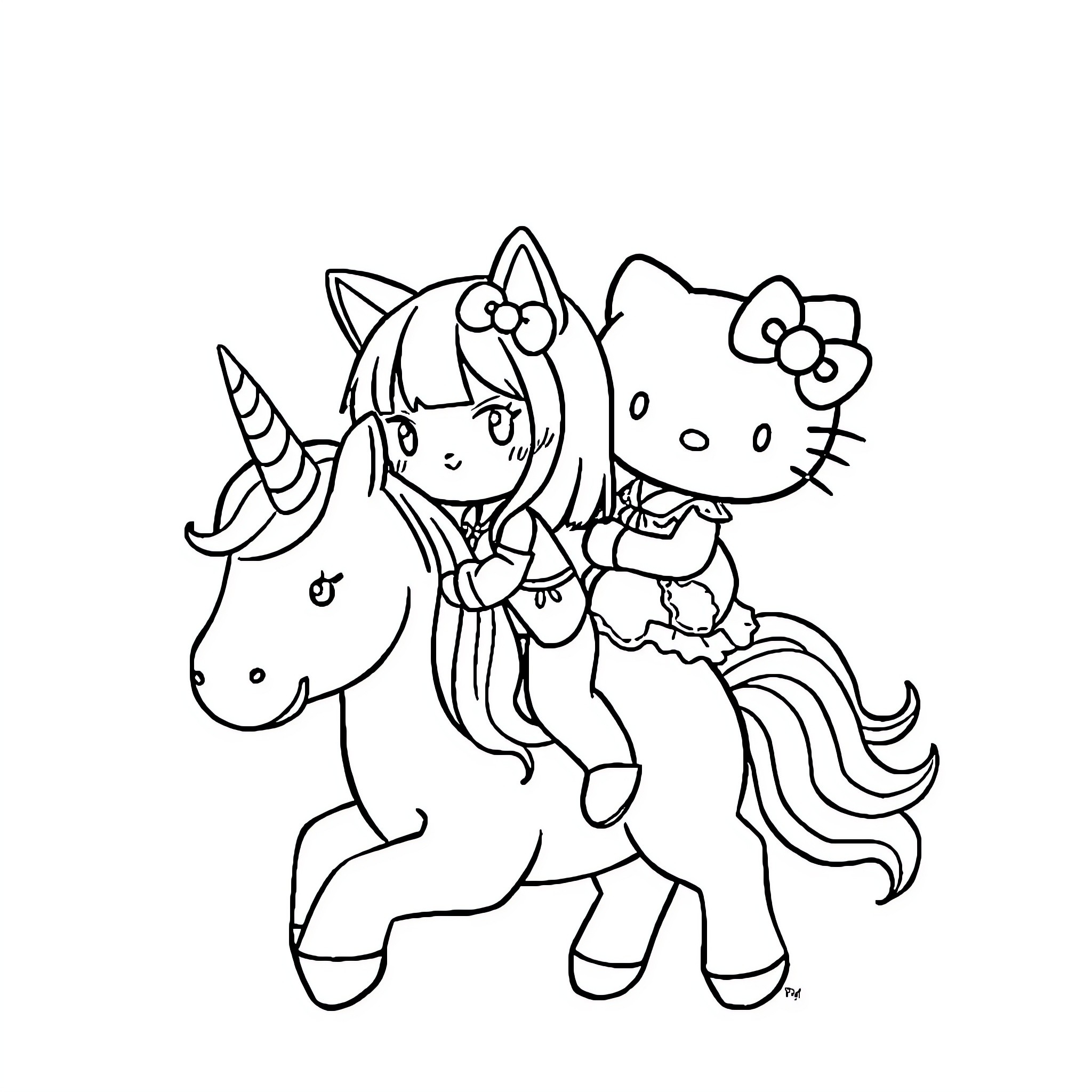 Kuromi riding a unicorn with Hello Kitty Coloring Page (free black-and-white line drawing printable PDF for all, from beginners to advanced learners, including children, teens, adults, and seniors)