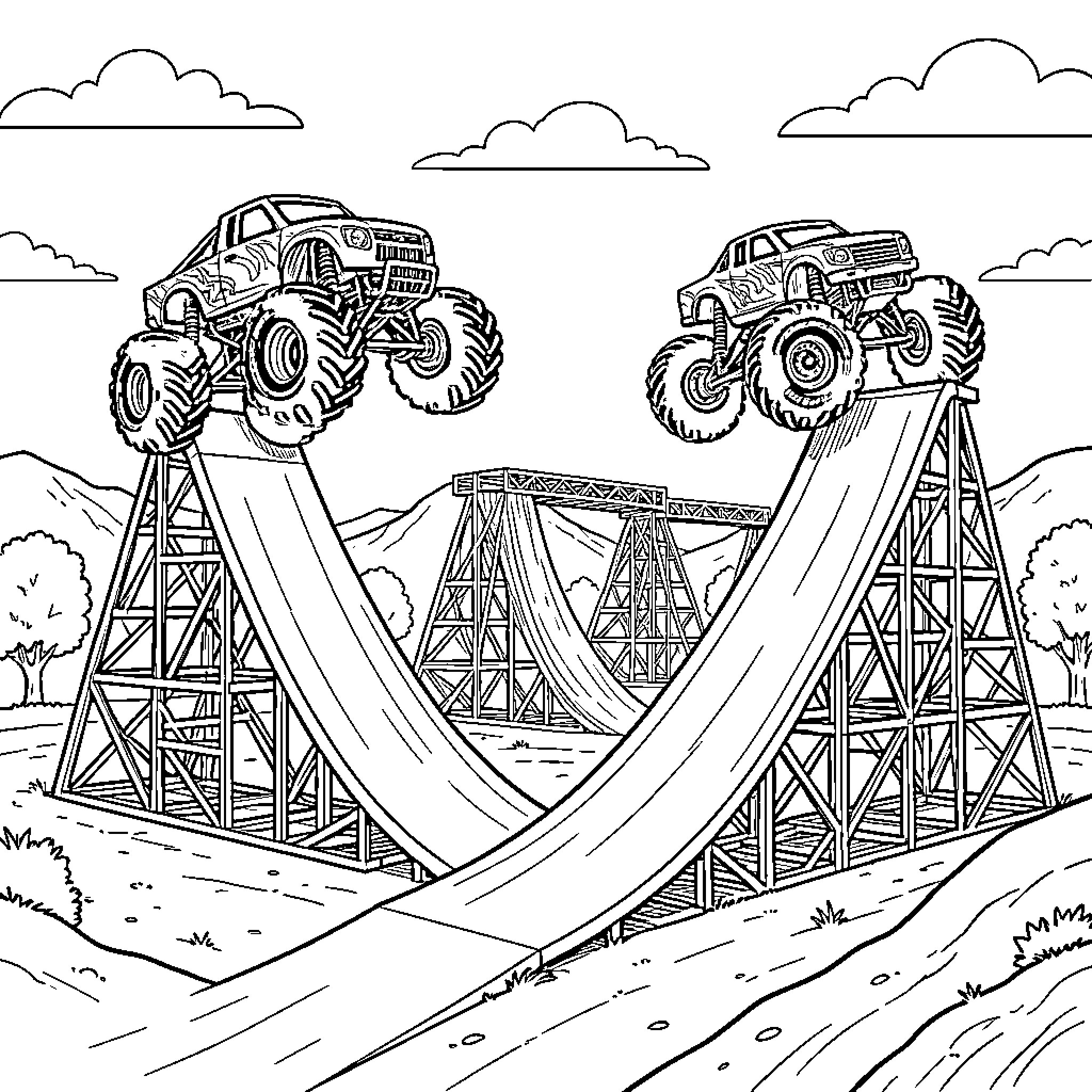 Monster trucks jumping over large ramps in nature Coloring Page (free black-and-white line drawing printable PDF for all, from beginners to advanced learners, including children, teens, adults, and seniors)