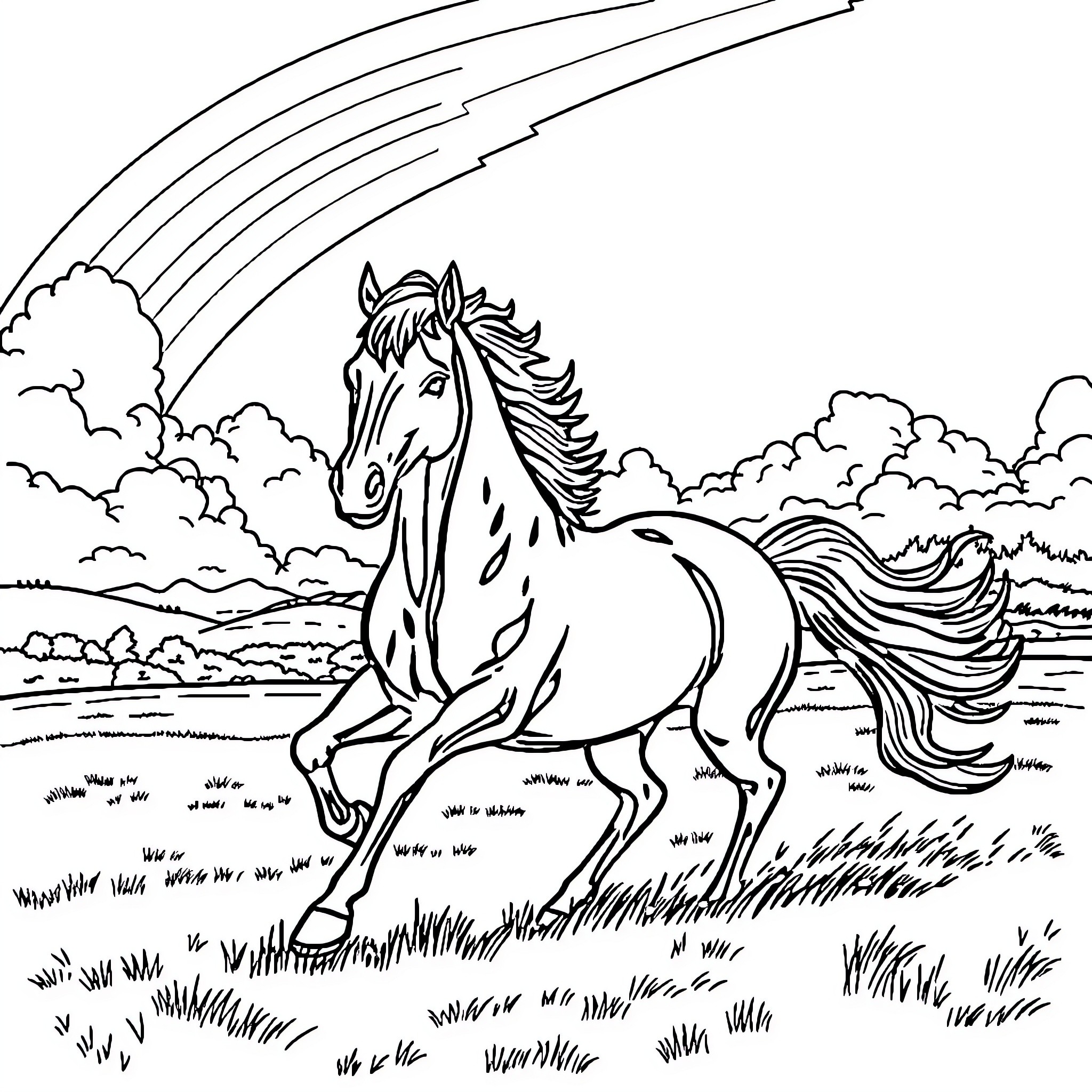 Horse galloping freely through the countryside Coloring Page (free black-and-white line drawing printable PDF for all, from beginners to advanced learners, including children, teens, adults, and seniors)