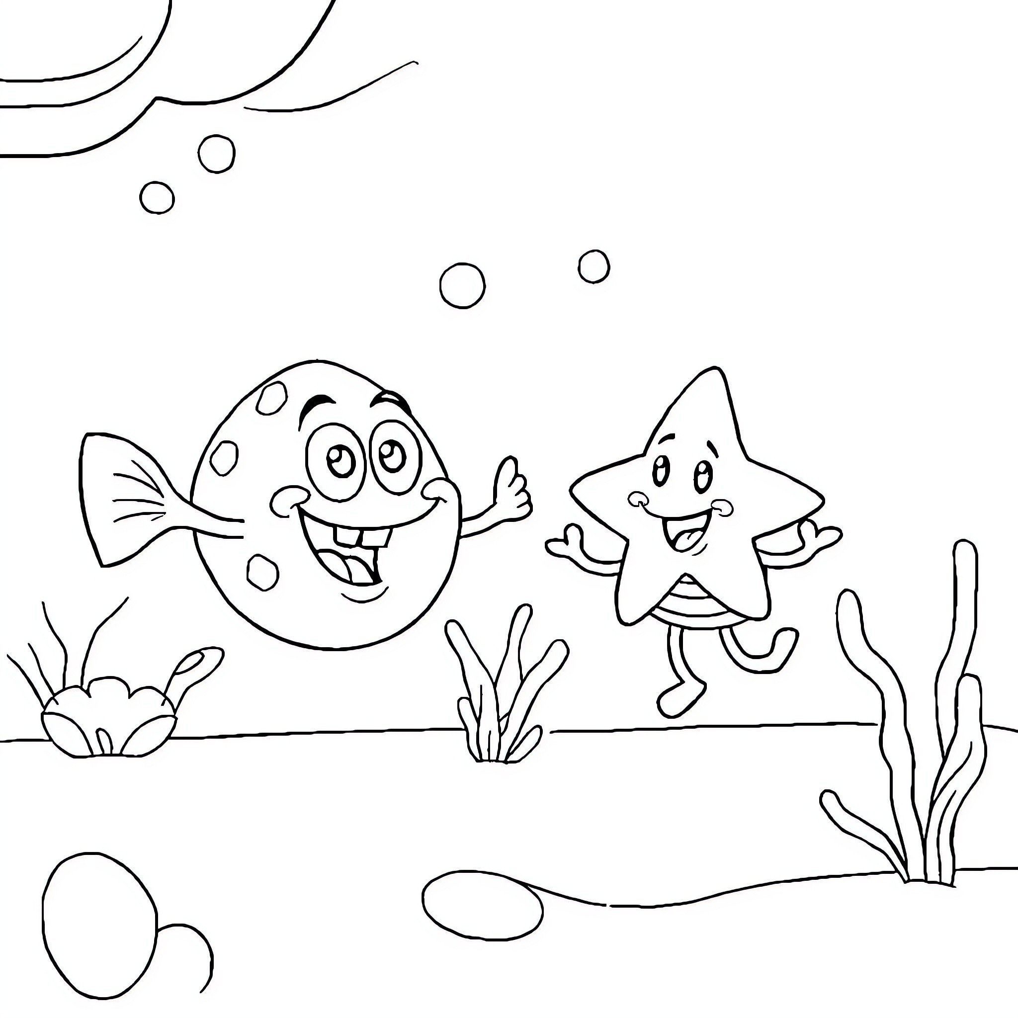 Spongebob and Patrick's Underwater Adventure Coloring Page (free black-and-white line drawing printable PDF for all, from beginners to advanced learners, including children, teens, adults, and seniors)