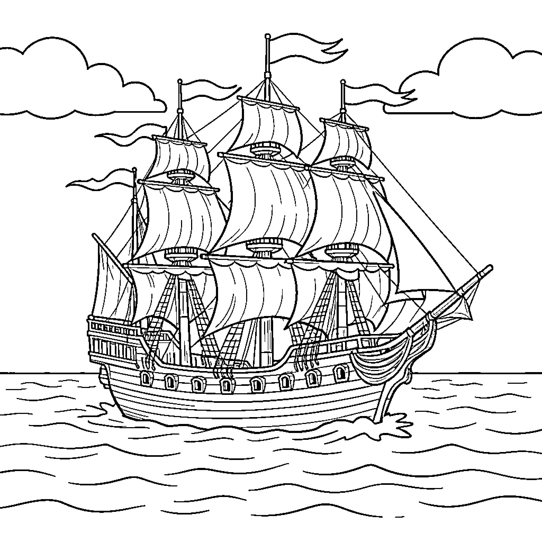 Pirate Boat sailing through wavy ocean waters Coloring Page (free black-and-white line drawing printable PDF for all, from beginners to advanced learners, including children, teens, adults, and seniors)