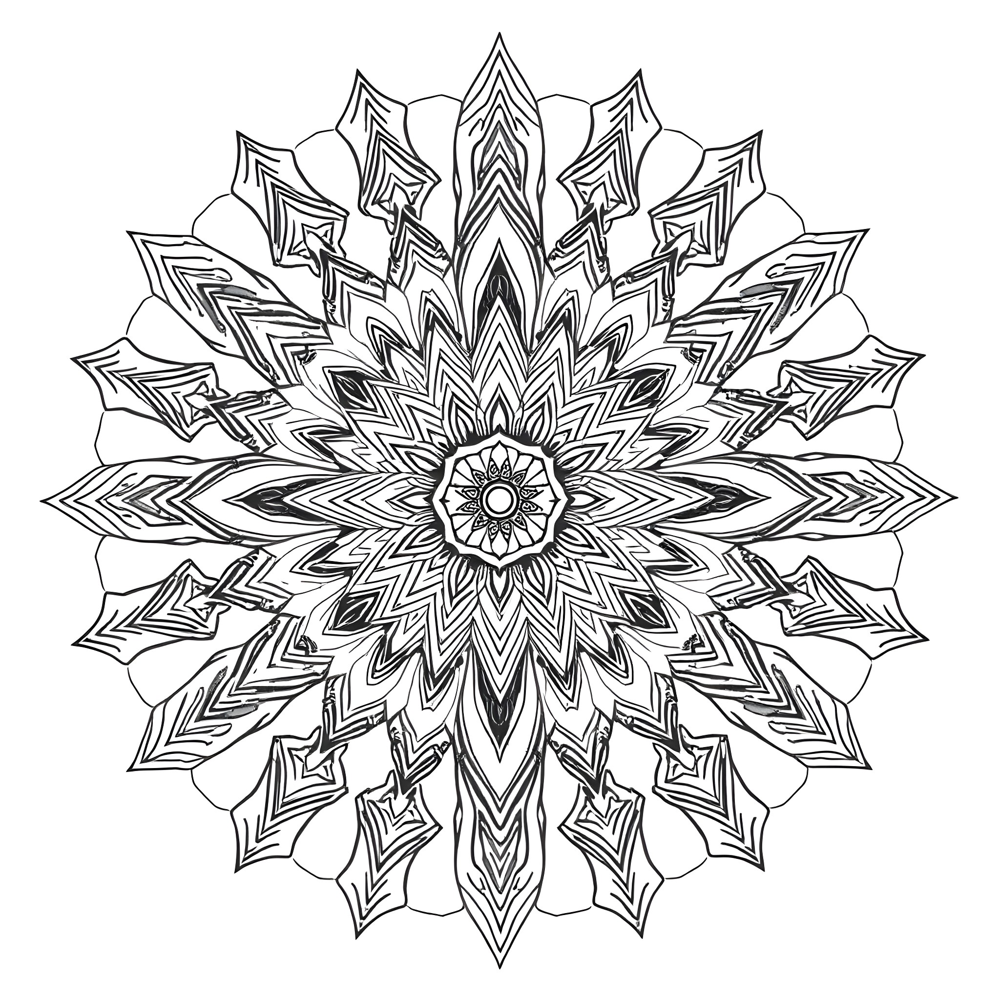 Mandala of intricate geometric designs Coloring Page (free black-and-white line drawing printable PDF for all, from beginners to advanced learners, including children, teens, adults, and seniors)