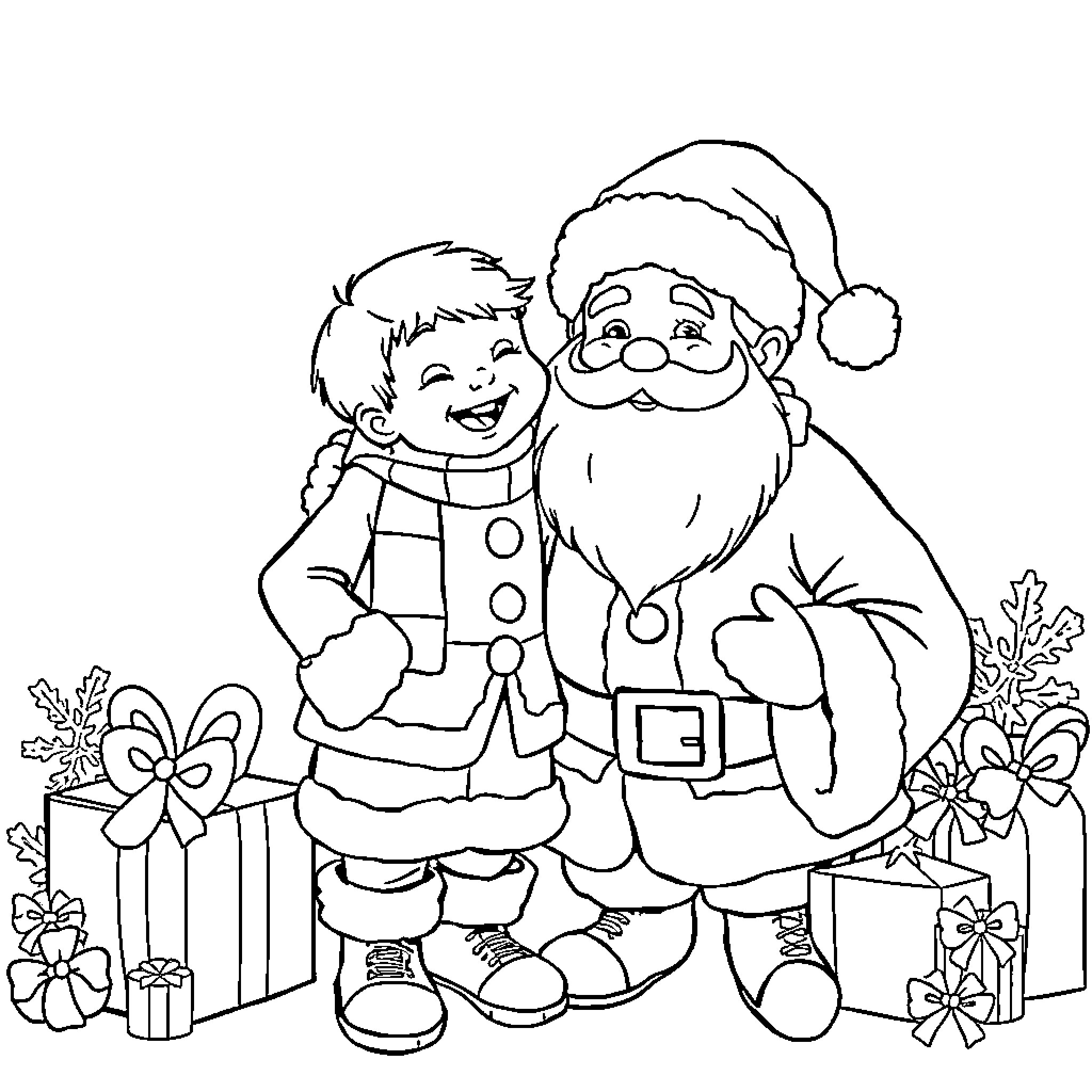 Child happily embracing Santa Claus with Christmas gifts Coloring Page (free black-and-white line drawing printable PDF for all, from beginners to advanced learners, including children, teens, adults, and seniors)