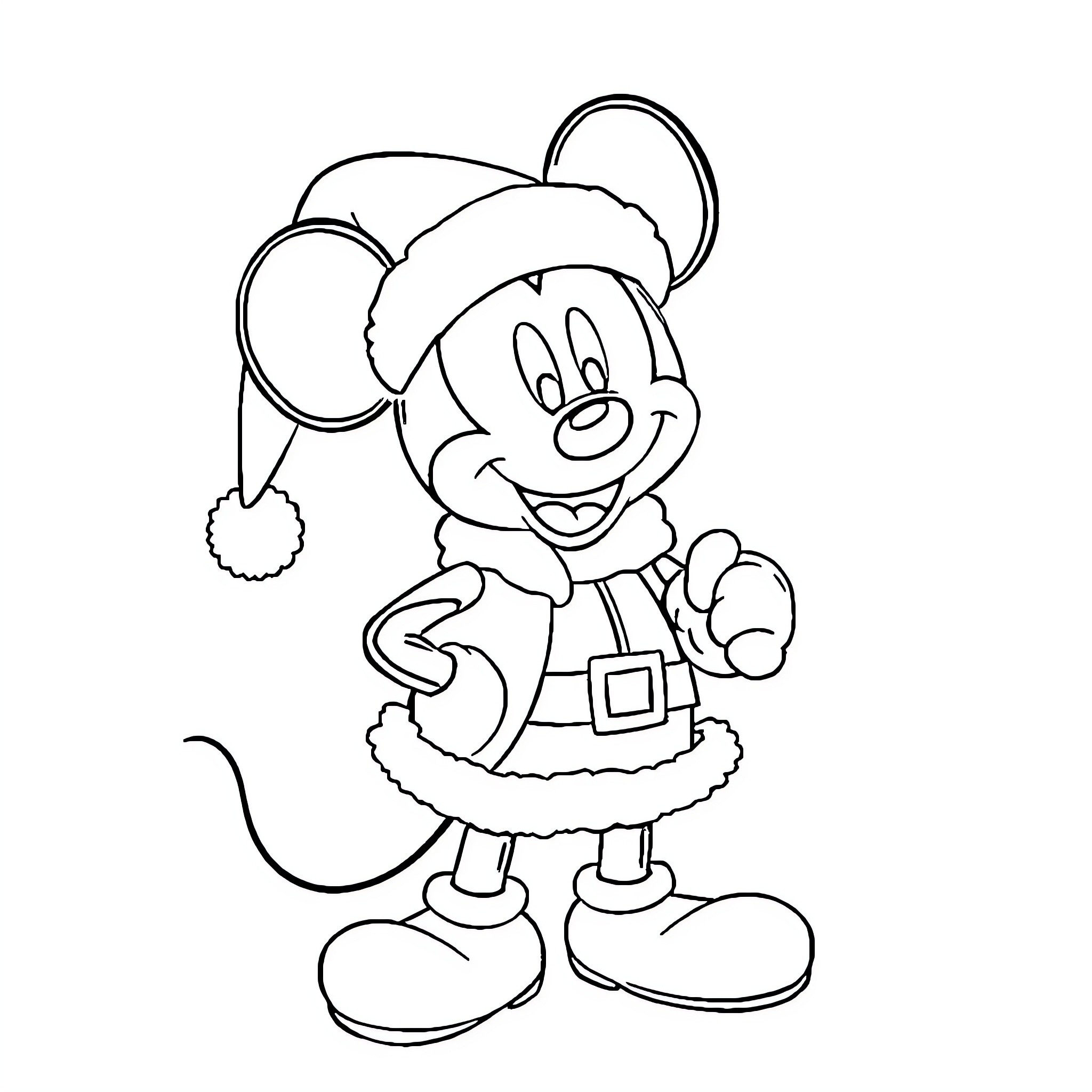 Mickey Mouse as a jolly holiday character Coloring Page (free black-and-white line drawing printable PDF for all, from beginners to advanced learners, including children, teens, adults, and seniors)