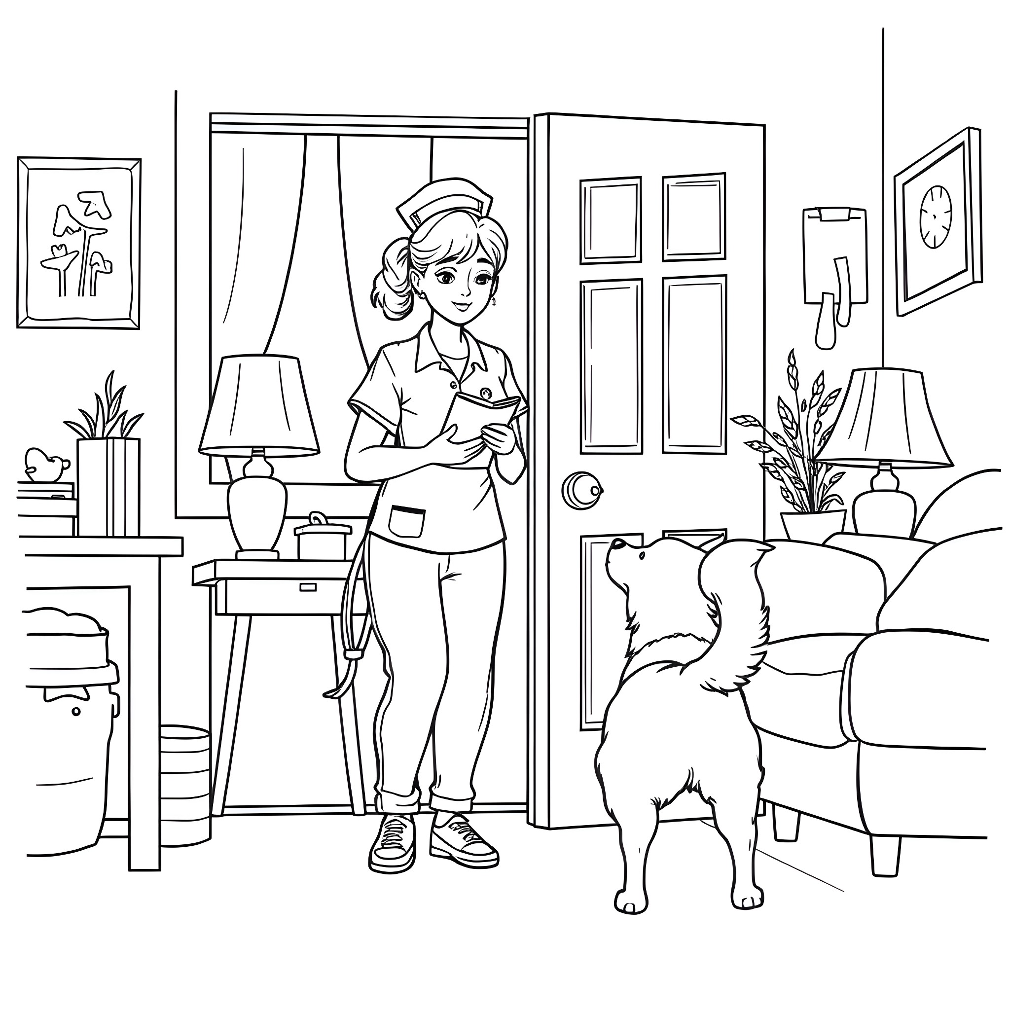 Dog greeting owner in cozy home Coloring Page (free black-and-white line drawing printable PDF for all, from beginners to advanced learners, including children, teens, adults, and seniors)