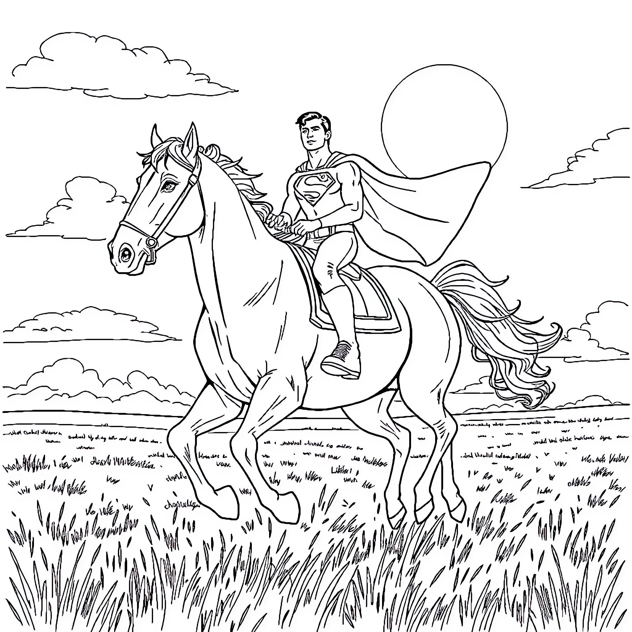 Superman riding heroically on a magnificent horse Coloring Page (free black-and-white line drawing printable PDF for all, from beginners to advanced learners, including children, teens, adults, and seniors)