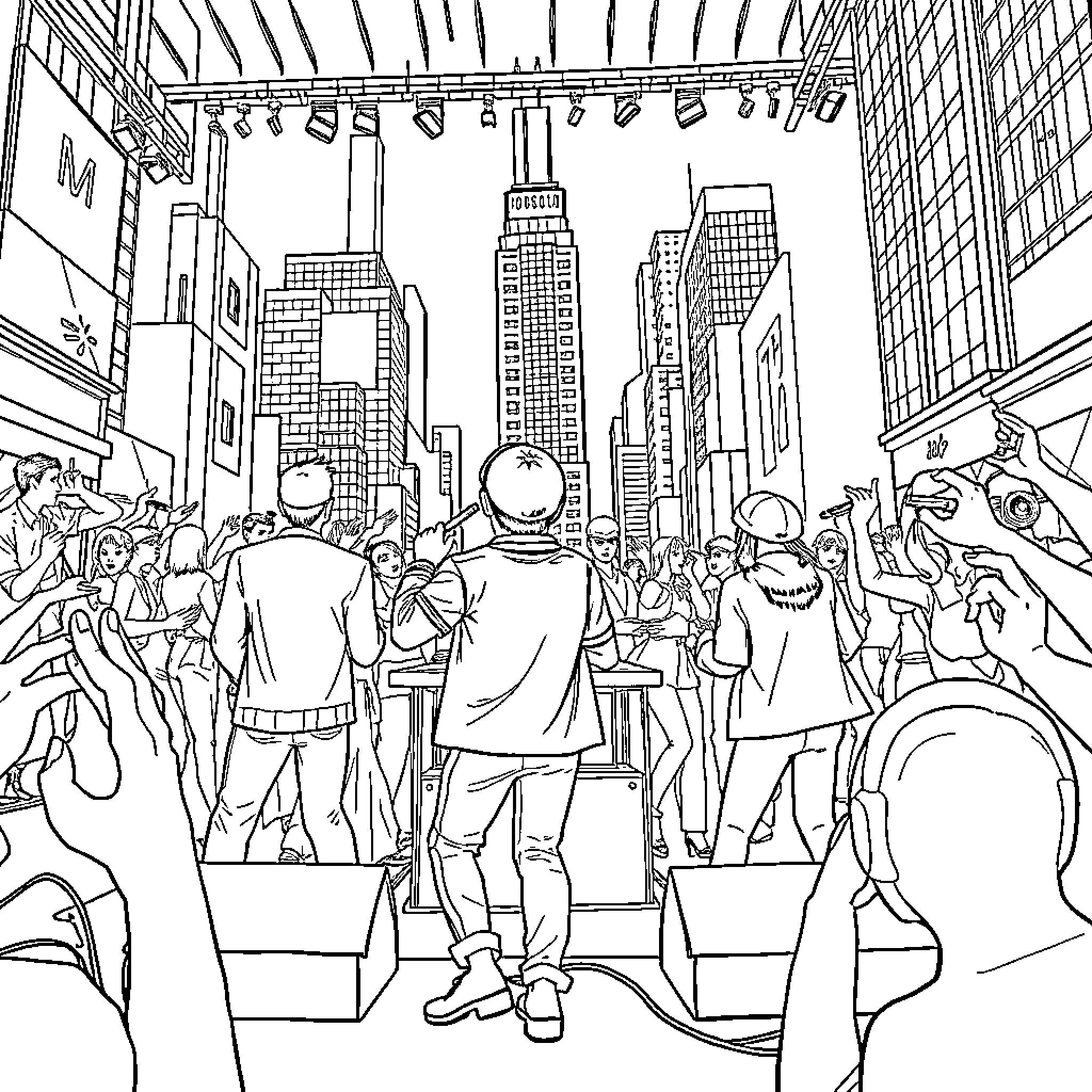 K Pop Stars Perform Amidst Lively Cityscape Coloring Page (free black-and-white line drawing printable PDF for all, from beginners to advanced learners, including children, teens, adults, and seniors)