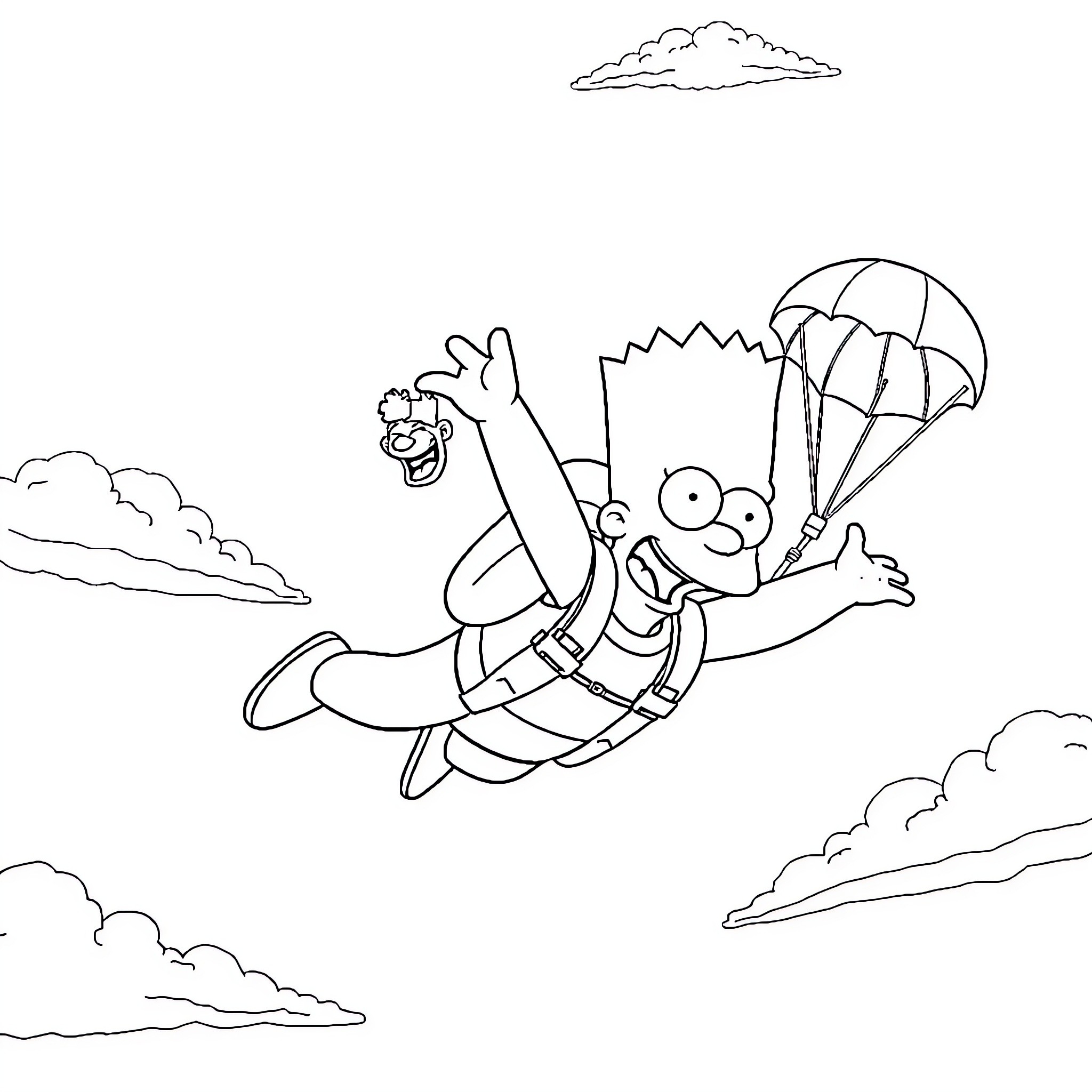 Bart Simpson skydiving with a parachute Coloring Page (free black-and-white line drawing printable PDF for all, from beginners to advanced learners, including children, teens, adults, and seniors)