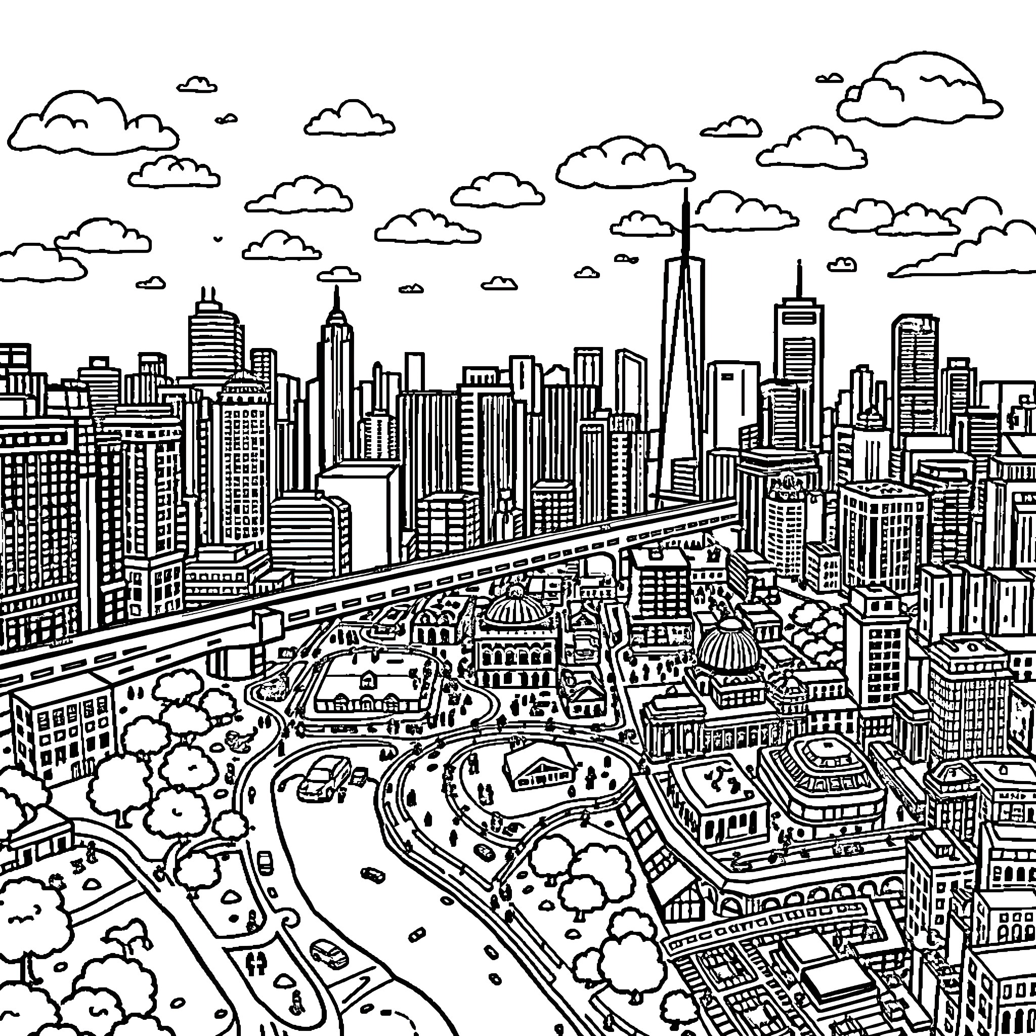 Brooklyn Cityscape with Bustling Streets and Towering Buildings Coloring Page (free black-and-white line drawing printable PDF for all, from beginners to advanced learners, including children, teens, adults, and seniors)