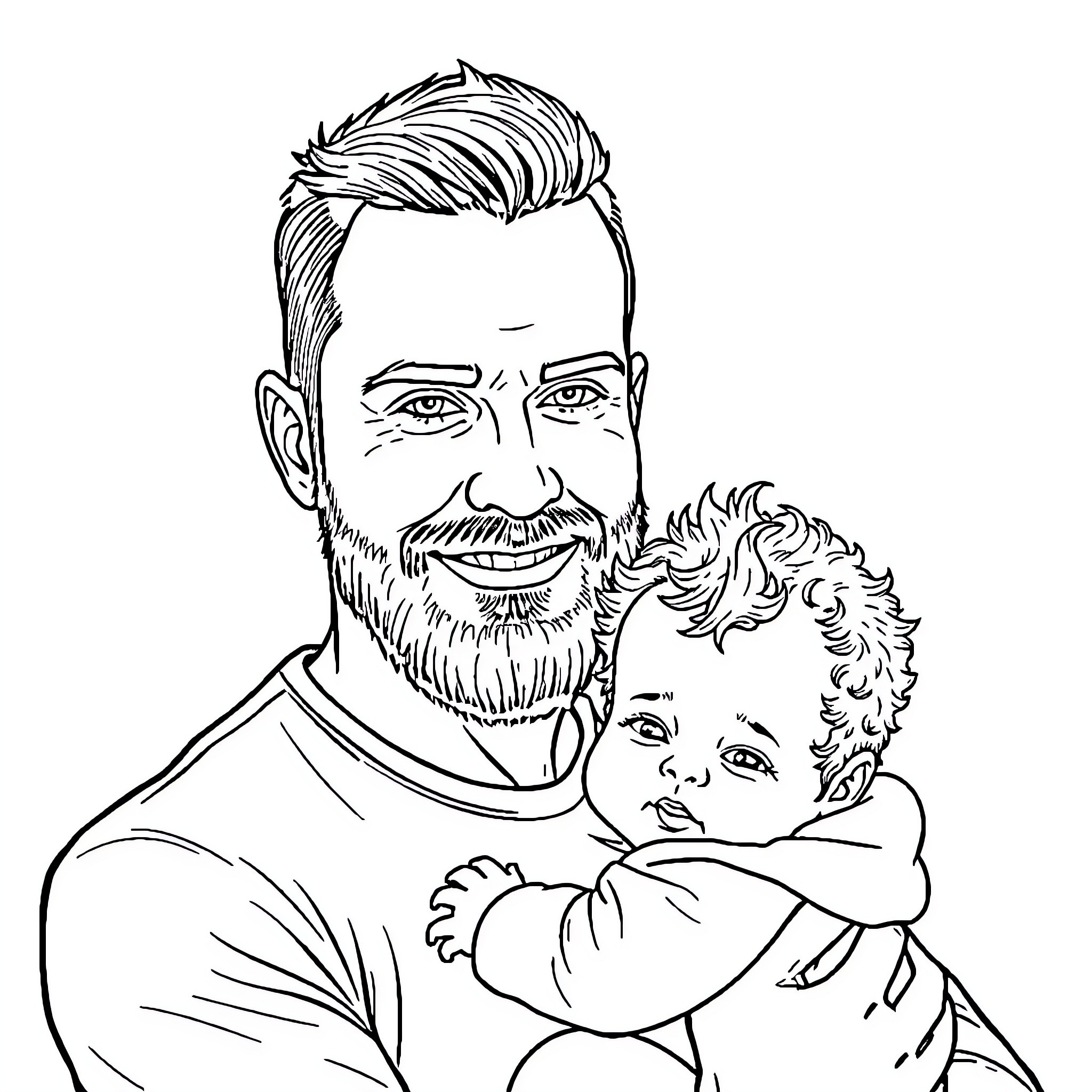 Bearded Man Holding Smiling Baby Coloring Page (free black-and-white line drawing printable PDF for all, from beginners to advanced learners, including children, teens, adults, and seniors)