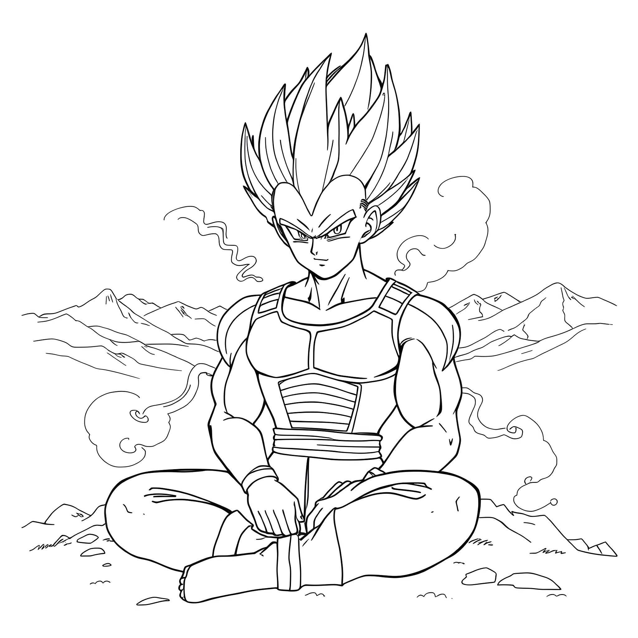 Vegeta's Fierce Determination in the Mountainous Landscape Coloring Page (free black-and-white line drawing printable PDF for all, from beginners to advanced learners, including children, teens, adults, and seniors)