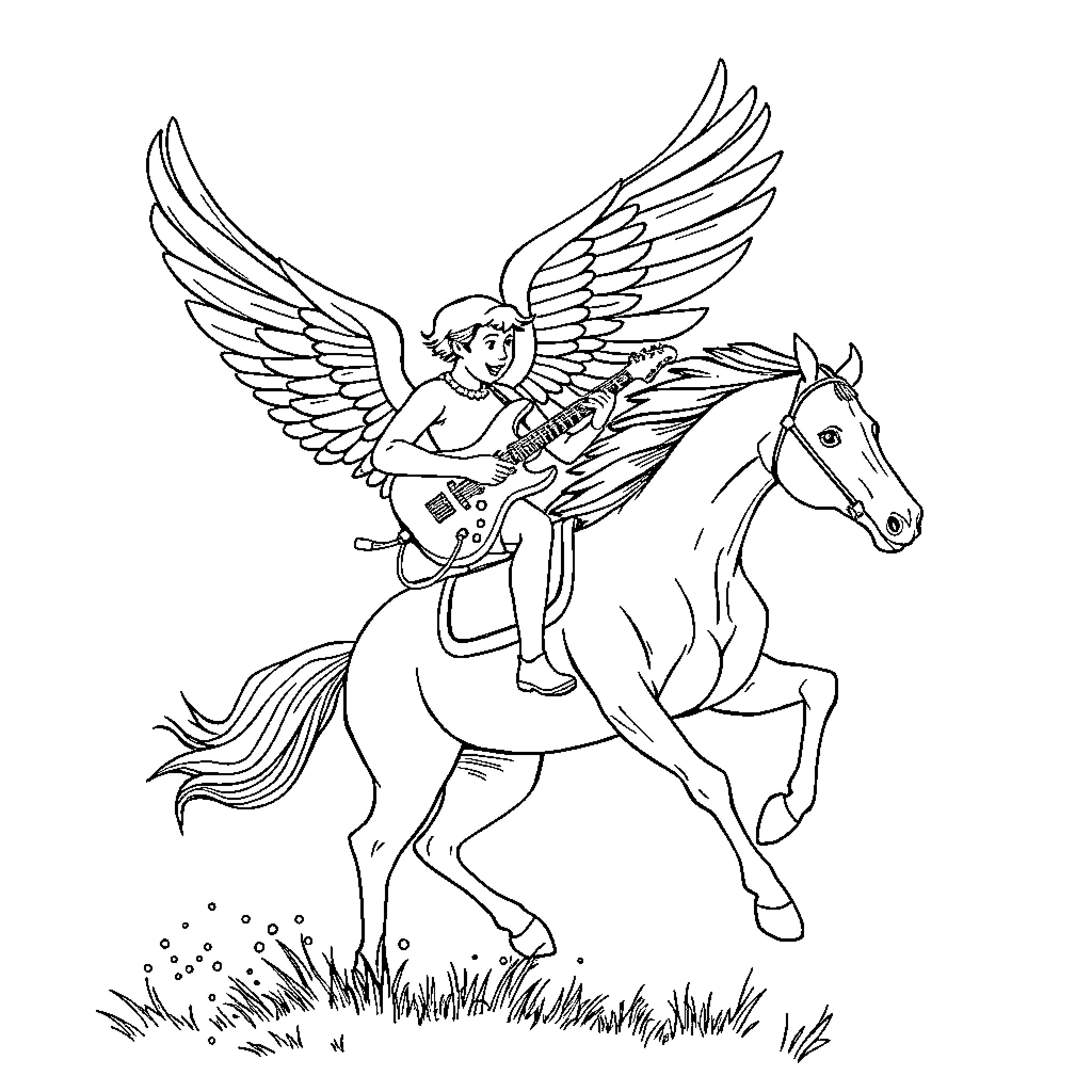 Guitar Player Riding Winged Horse in Outdoor Scene Coloring Page (free black-and-white line drawing printable PDF for all, from beginners to advanced learners, including children, teens, adults, and seniors)