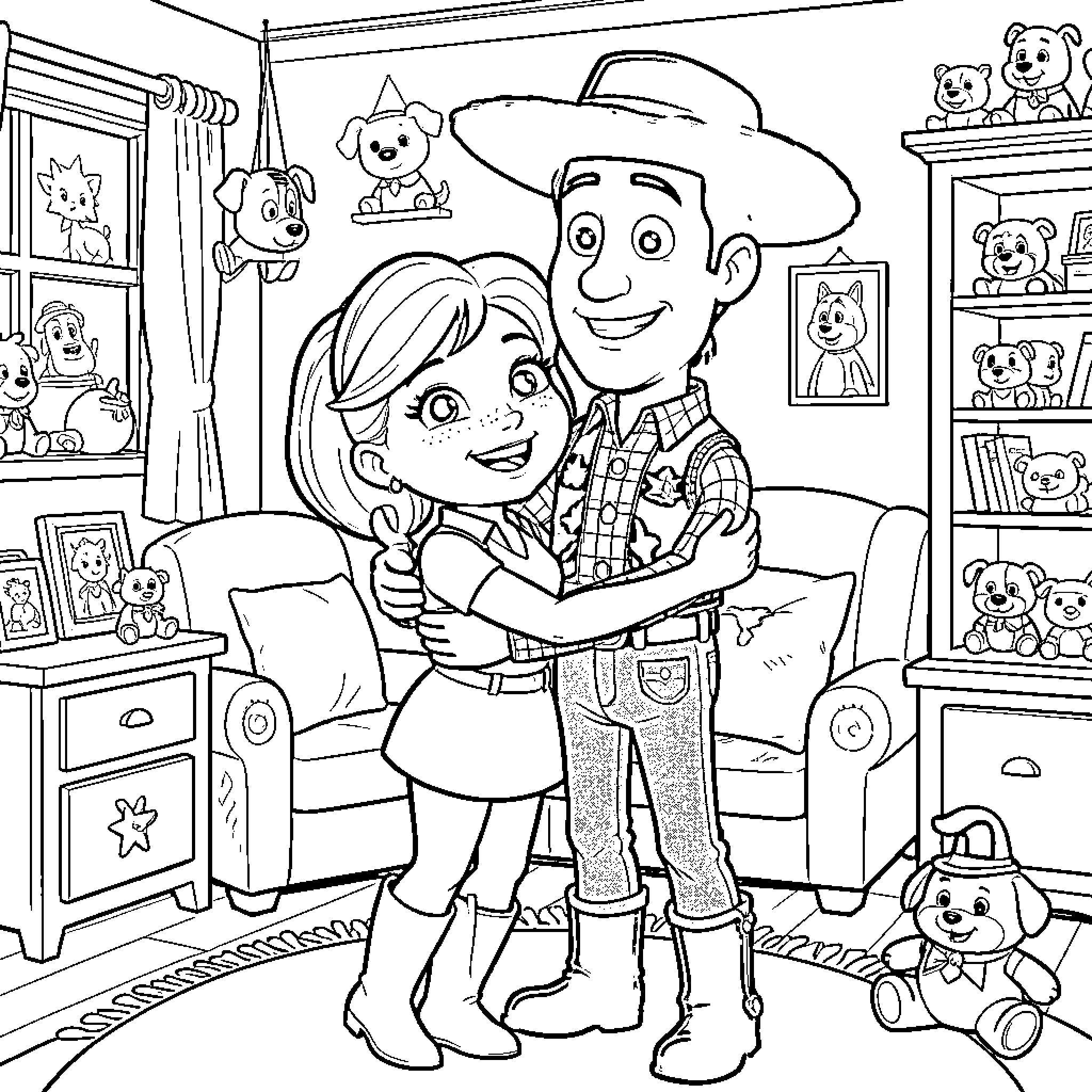 Jessie and Woody hugging warmly in a cozy room Coloring Page (free black-and-white line drawing printable PDF for all, from beginners to advanced learners, including children, teens, adults, and seniors)
