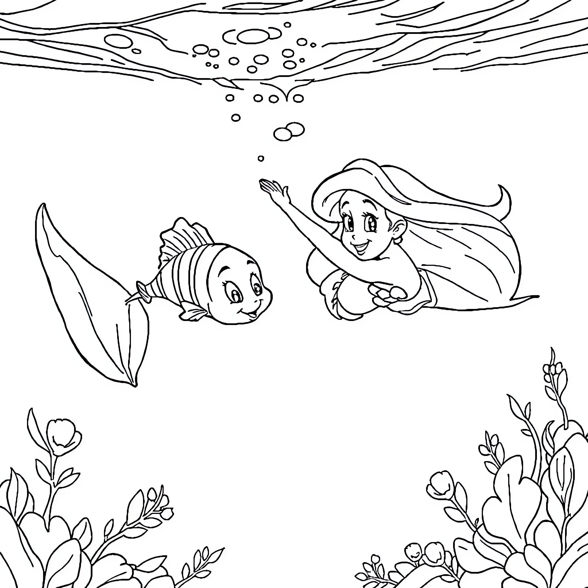 Ariel exploring the underwater world with her friend Coloring Page (free black-and-white line drawing printable PDF for all, from beginners to advanced learners, including children, teens, adults, and seniors)