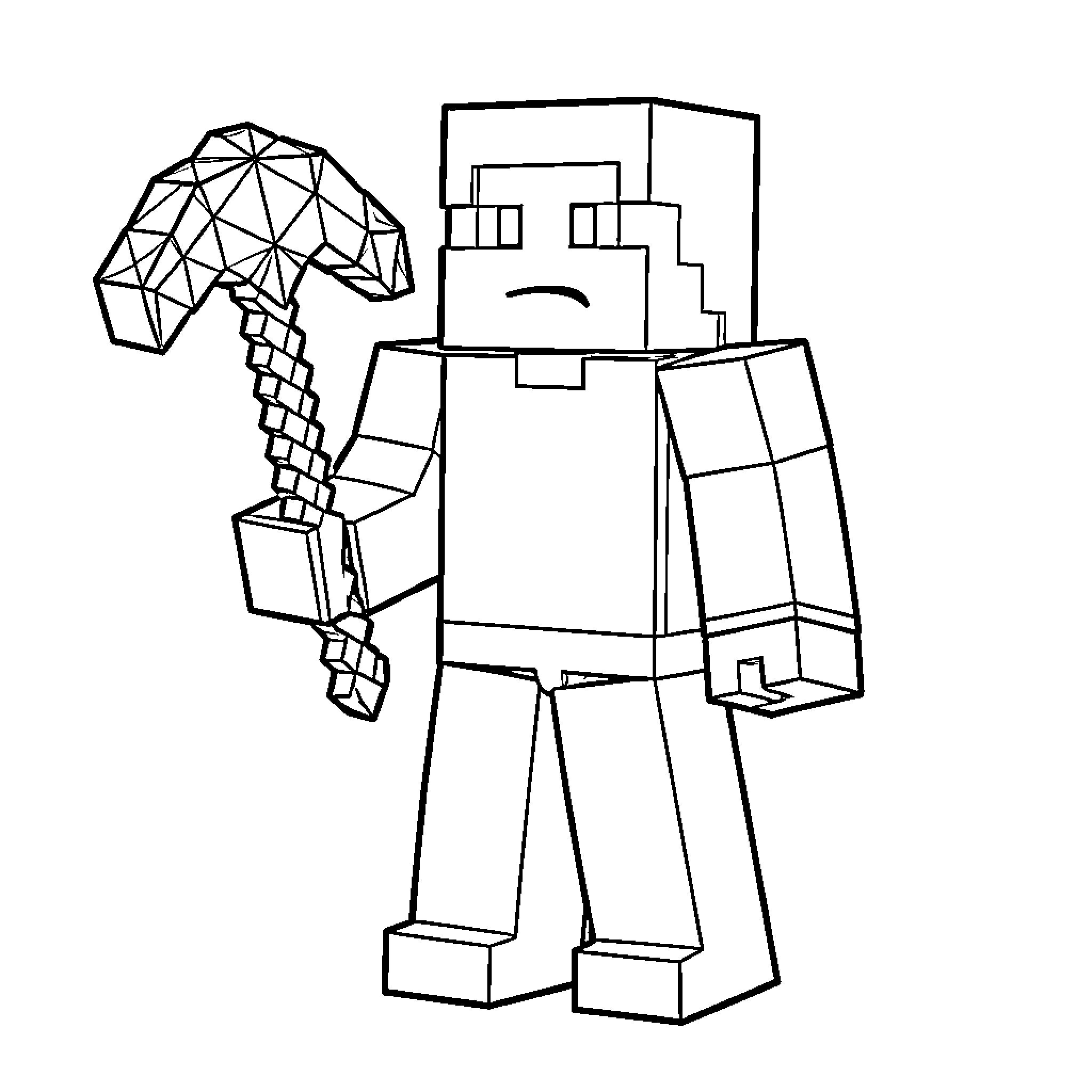 Minecraft Steve with pickaxe mining resources Coloring Page (free black-and-white line drawing printable PDF for all, from beginners to advanced learners, including children, teens, adults, and seniors)