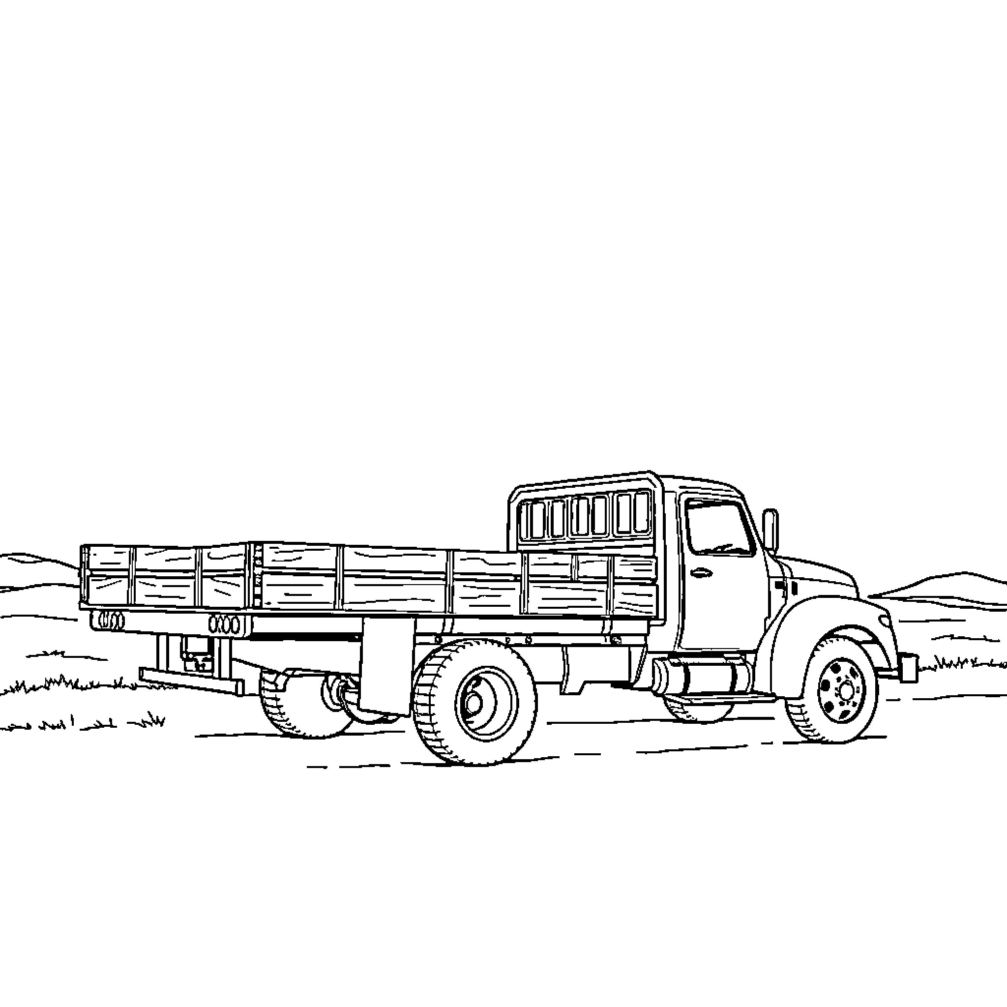 Flatbed Truck Transporting Cargo on Rural Road Coloring Page (free black-and-white line drawing printable PDF for all, from beginners to advanced learners, including children, teens, adults, and seniors)