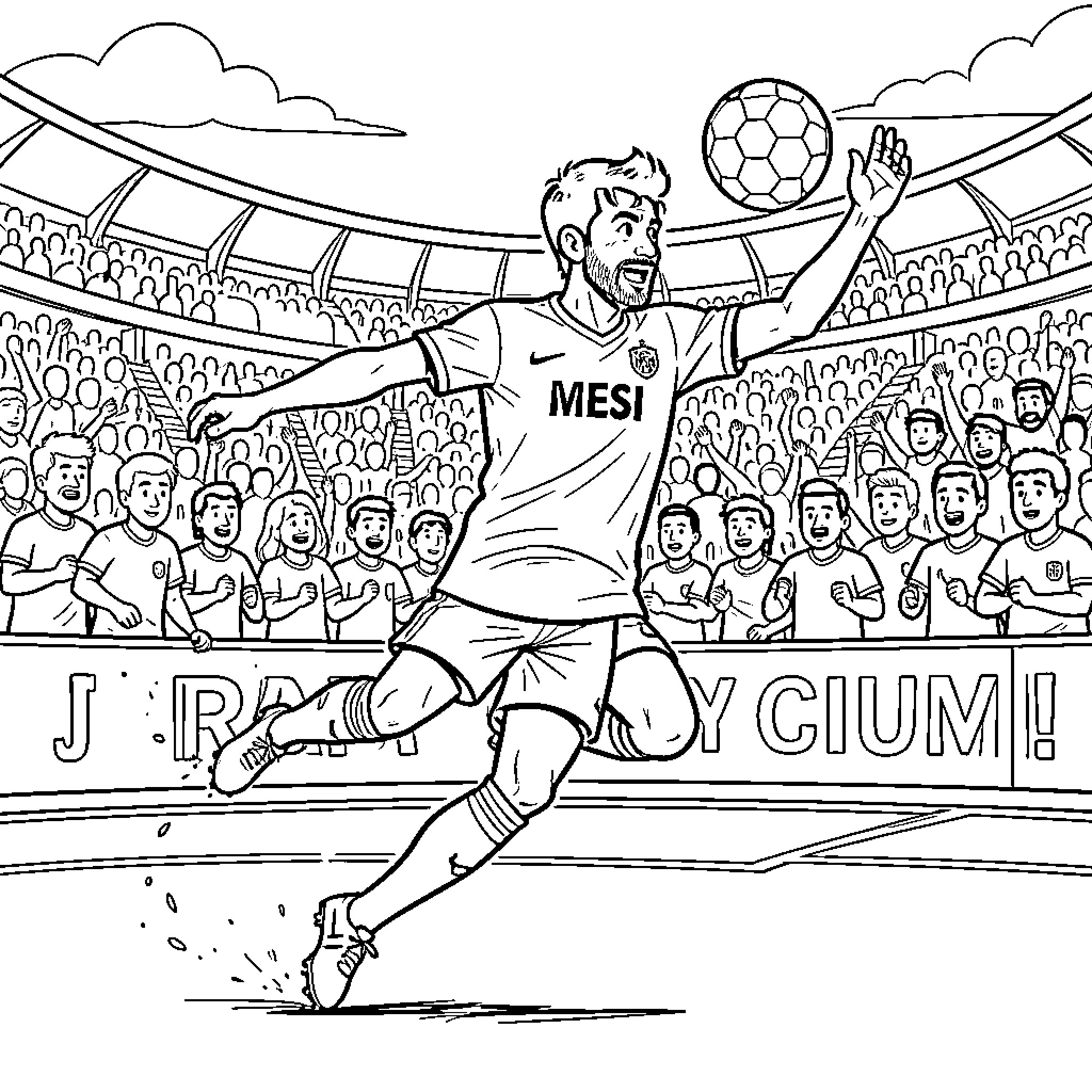 Mesi celebrating victory in the big game Coloring Page (free black-and-white line drawing printable PDF for all, from beginners to advanced learners, including children, teens, adults, and seniors)