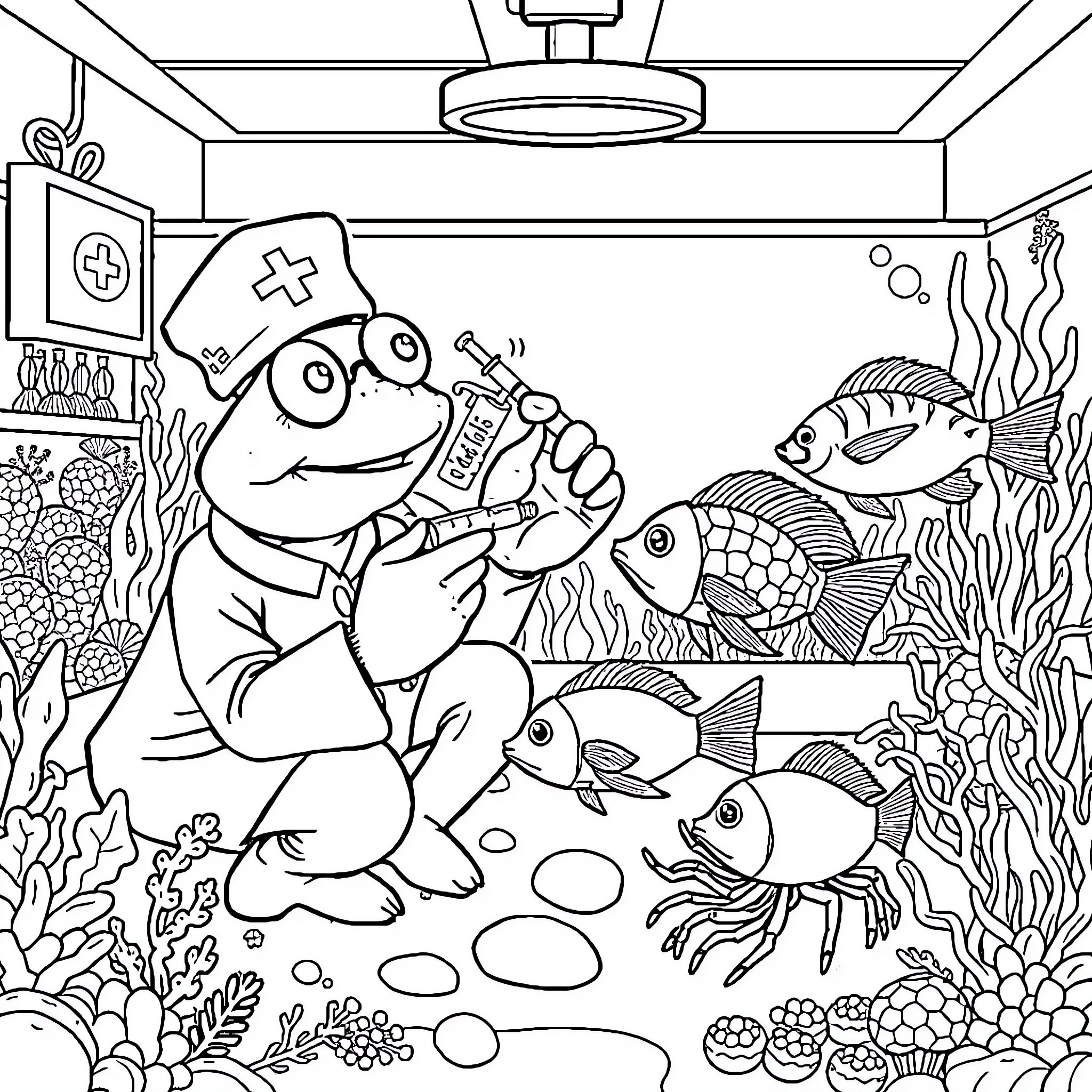 Crab doctor treating fish in underwater clinic Coloring Page (free black-and-white line drawing printable PDF for all, from beginners to advanced learners, including children, teens, adults, and seniors)