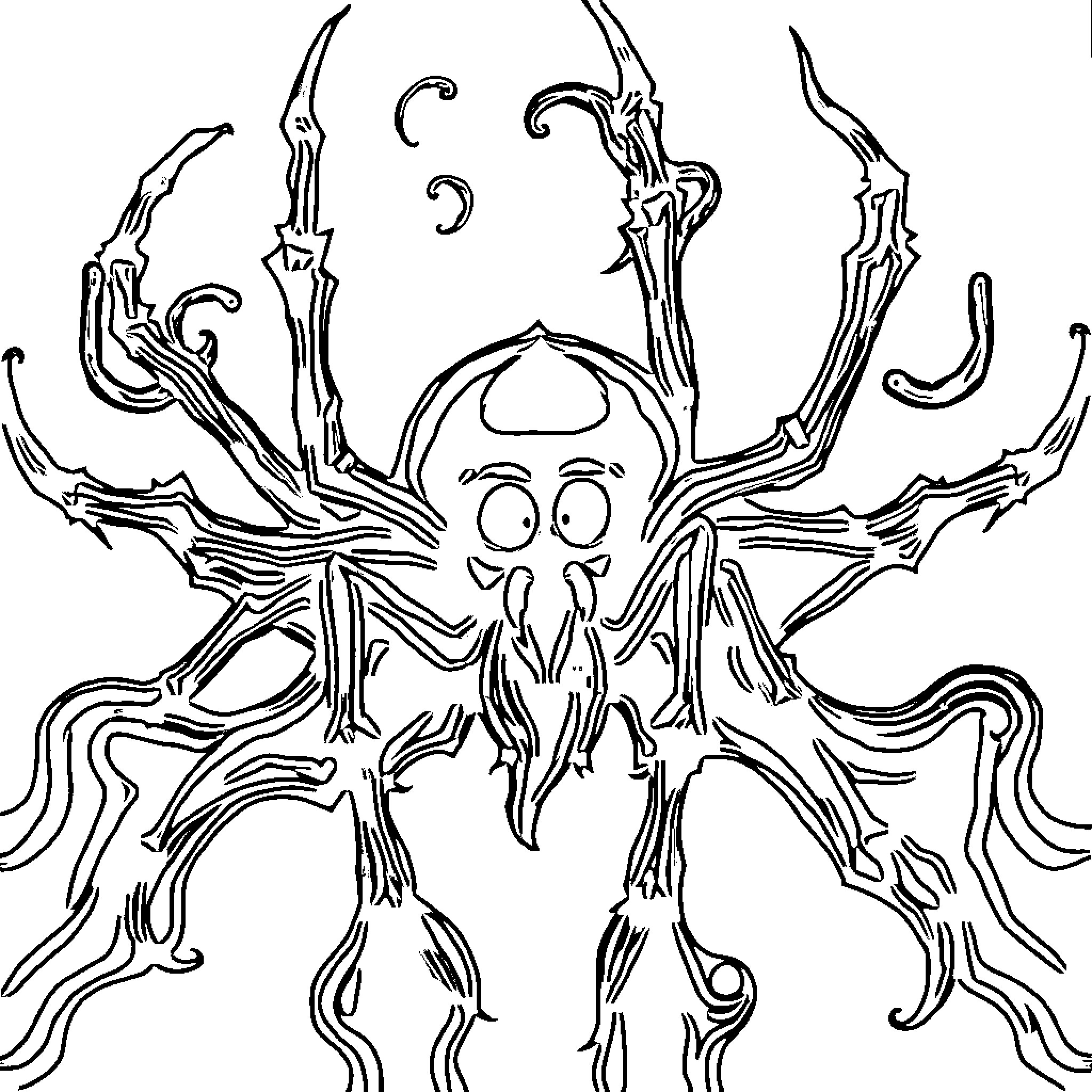 Ghost Spider in Otherworldly Posture Coloring Page (free black-and-white line drawing printable PDF for all, from beginners to advanced learners, including children, teens, adults, and seniors)