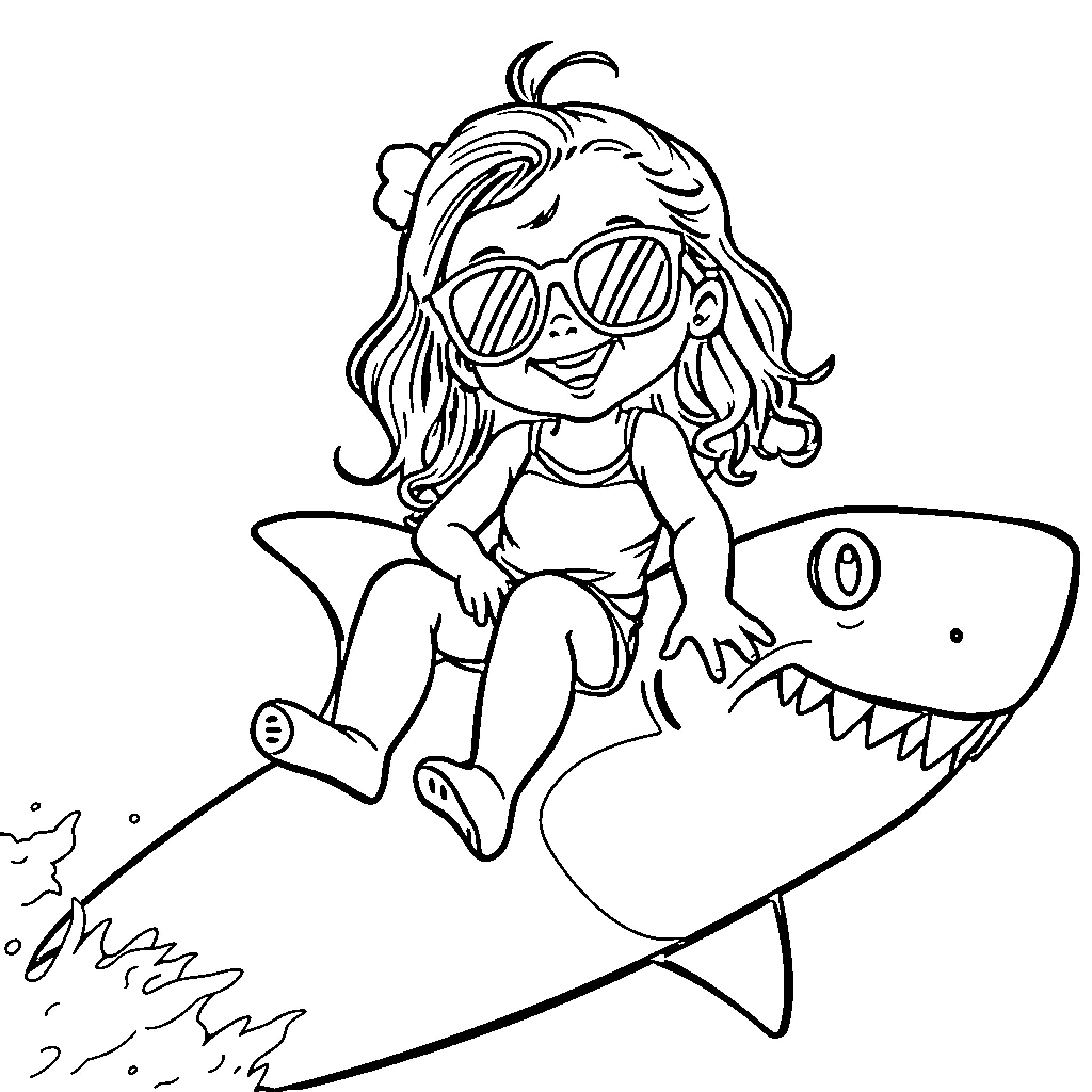 Baby girl riding a friendly shark Coloring Page (free black-and-white line drawing printable PDF for all, from beginners to advanced learners, including children, teens, adults, and seniors)