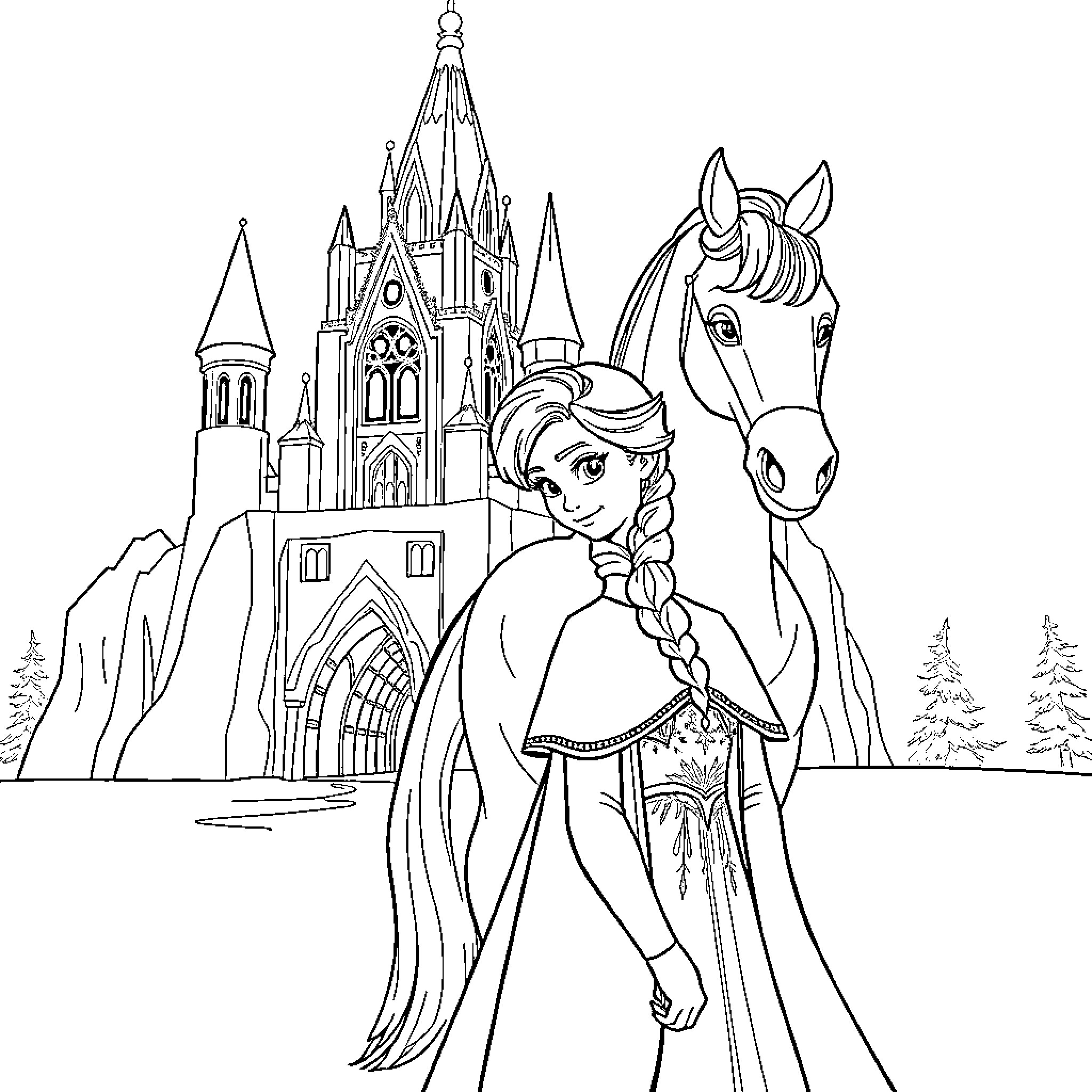 Ella's Majestic Castle Adventure Coloring Page (free black-and-white line drawing printable PDF for all, from beginners to advanced learners, including children, teens, adults, and seniors)