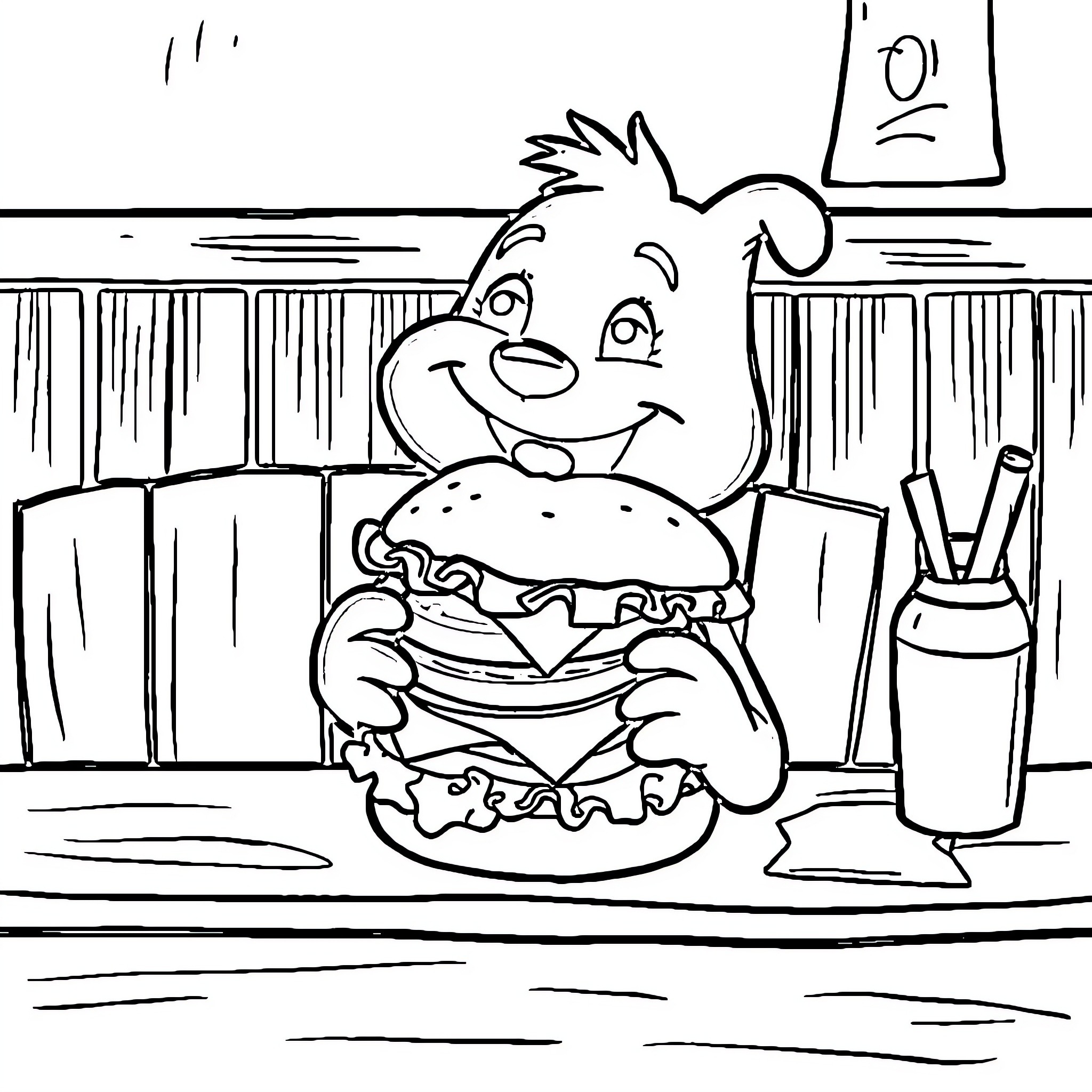 Bluey Enjoying a Delicious Burger Coloring Page (free black-and-white line drawing printable PDF for all, from beginners to advanced learners, including children, teens, adults, and seniors)