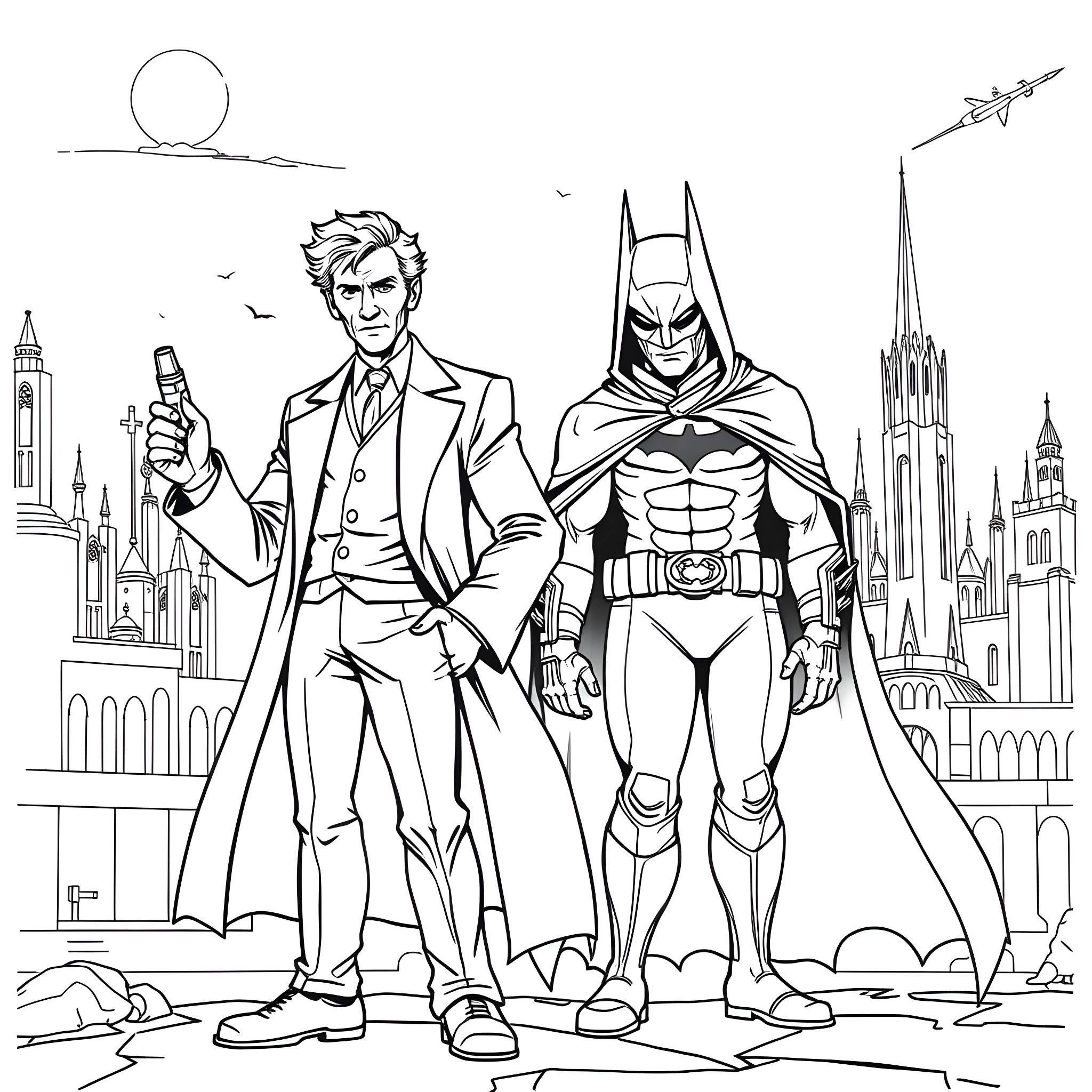 Doctor Who and Batman Heroic Duo in Gotham City Coloring Page (free black-and-white line drawing printable PDF for all, from beginners to advanced learners, including children, teens, adults, and seniors)