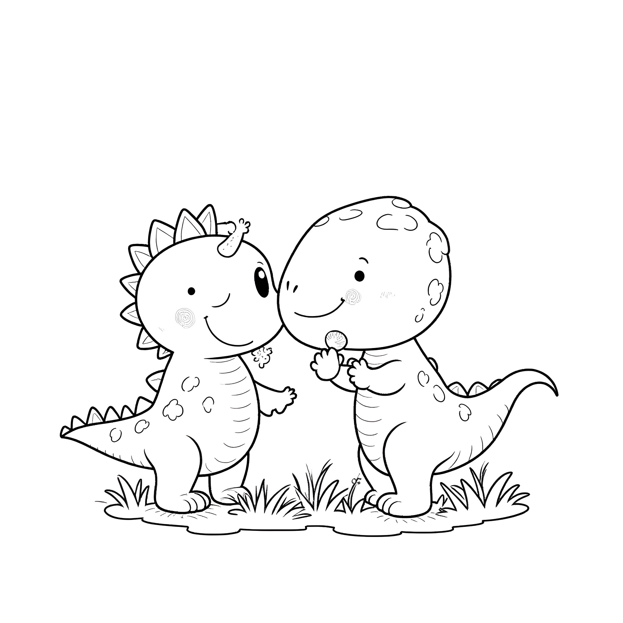 Dinosaur friends playing together in the grass Coloring Page (free black-and-white line drawing printable PDF for all, from beginners to advanced learners, including children, teens, adults, and seniors)